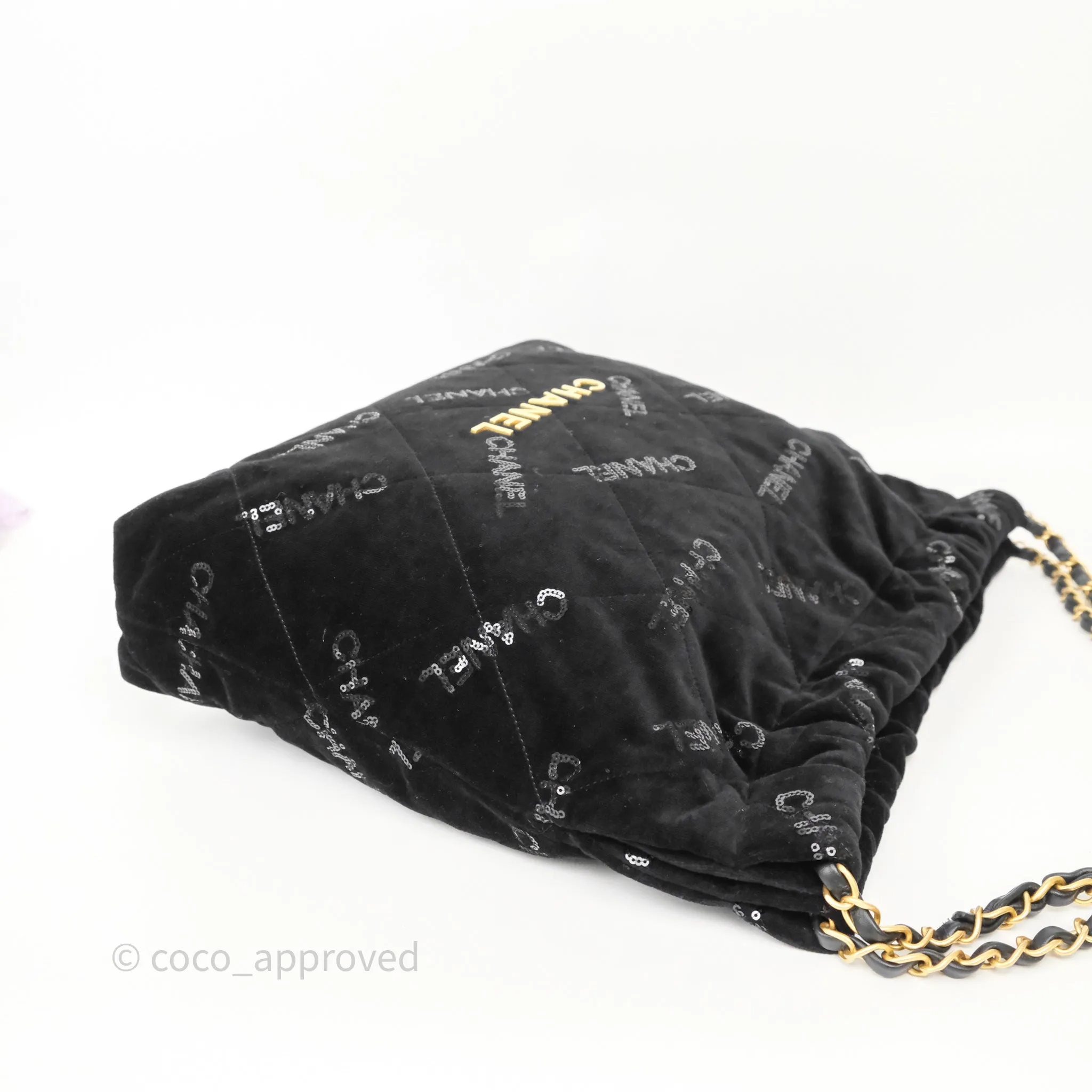 Chanel 22 Medium Sequins Logo Black Velvet