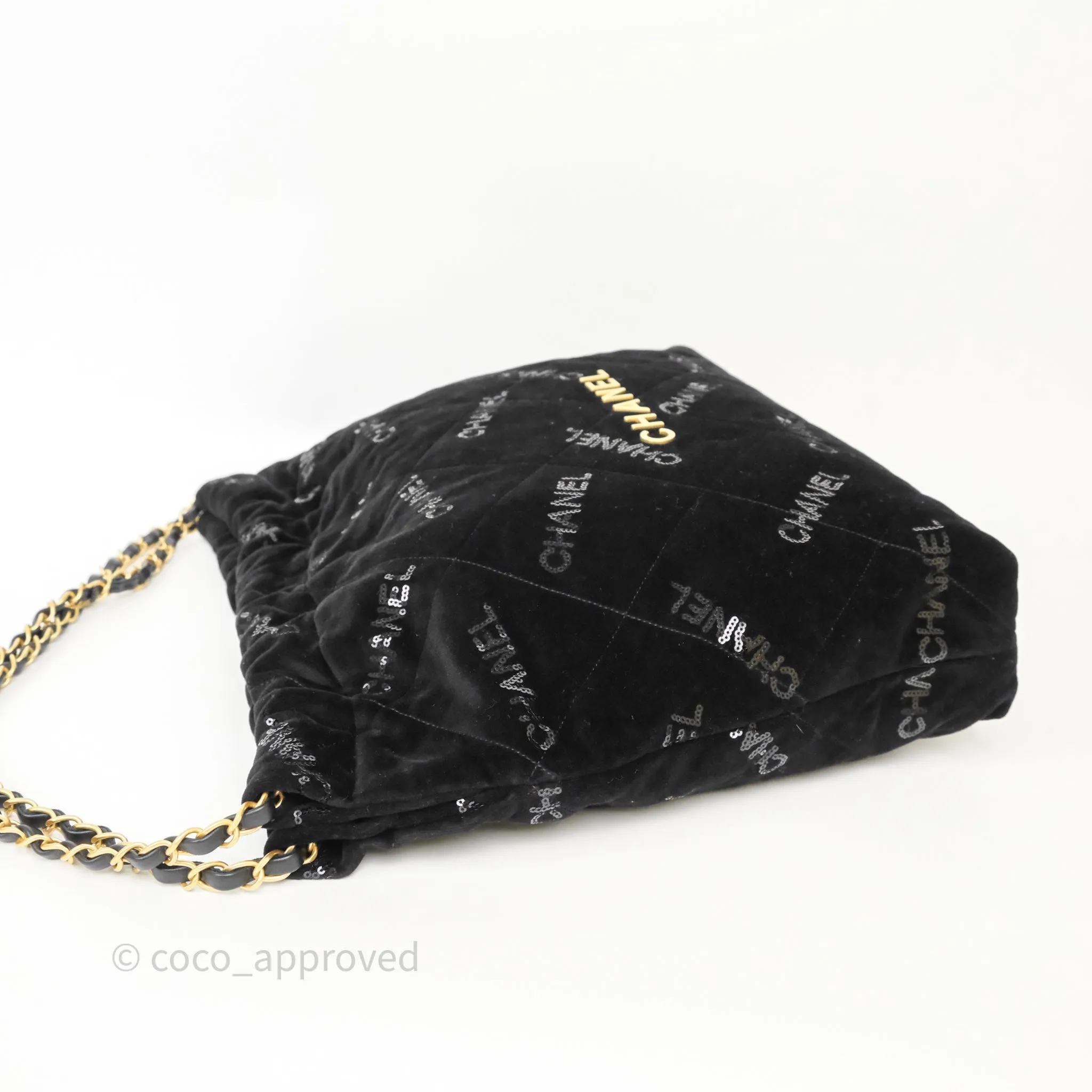 Chanel 22 Medium Sequins Logo Black Velvet