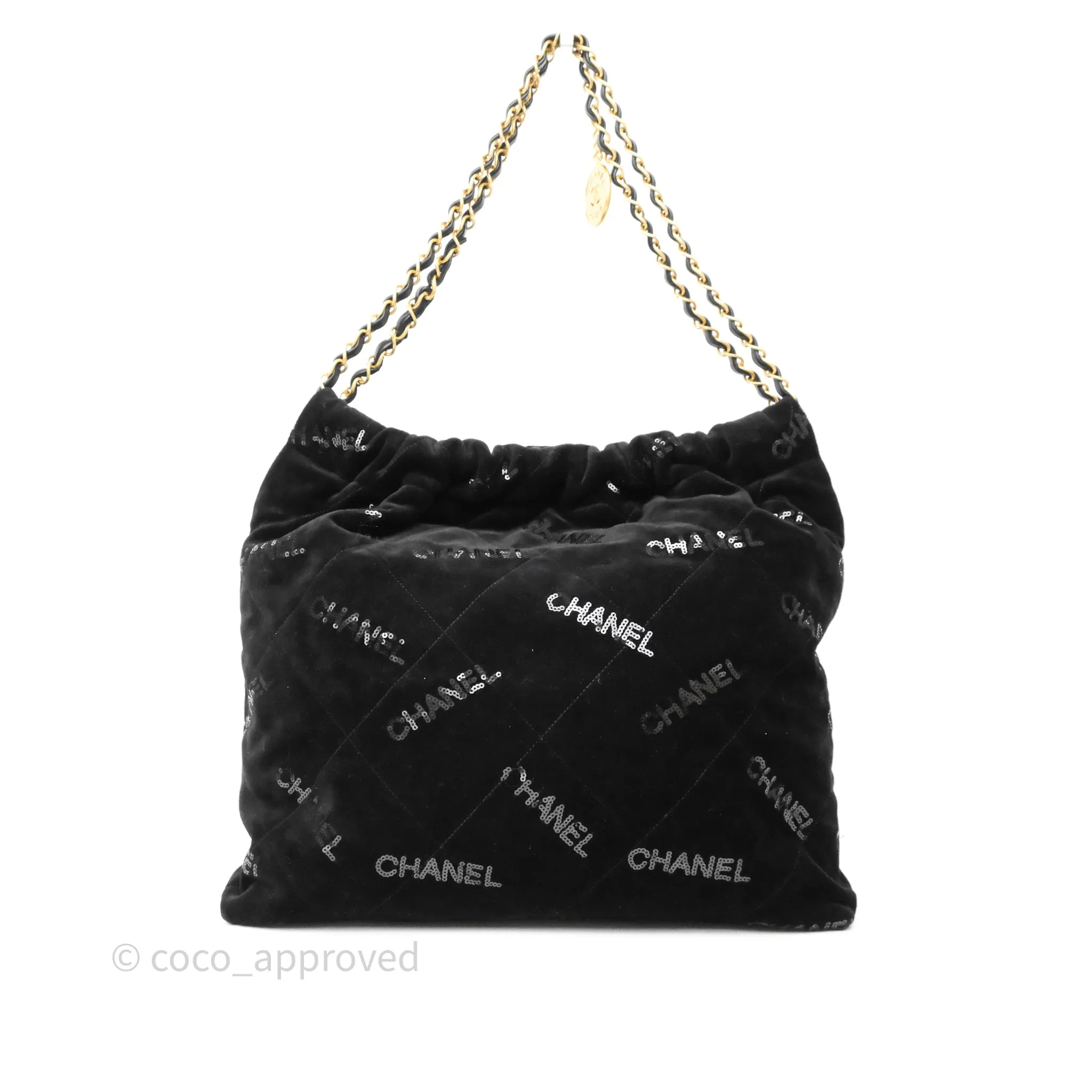 Chanel 22 Medium Sequins Logo Black Velvet