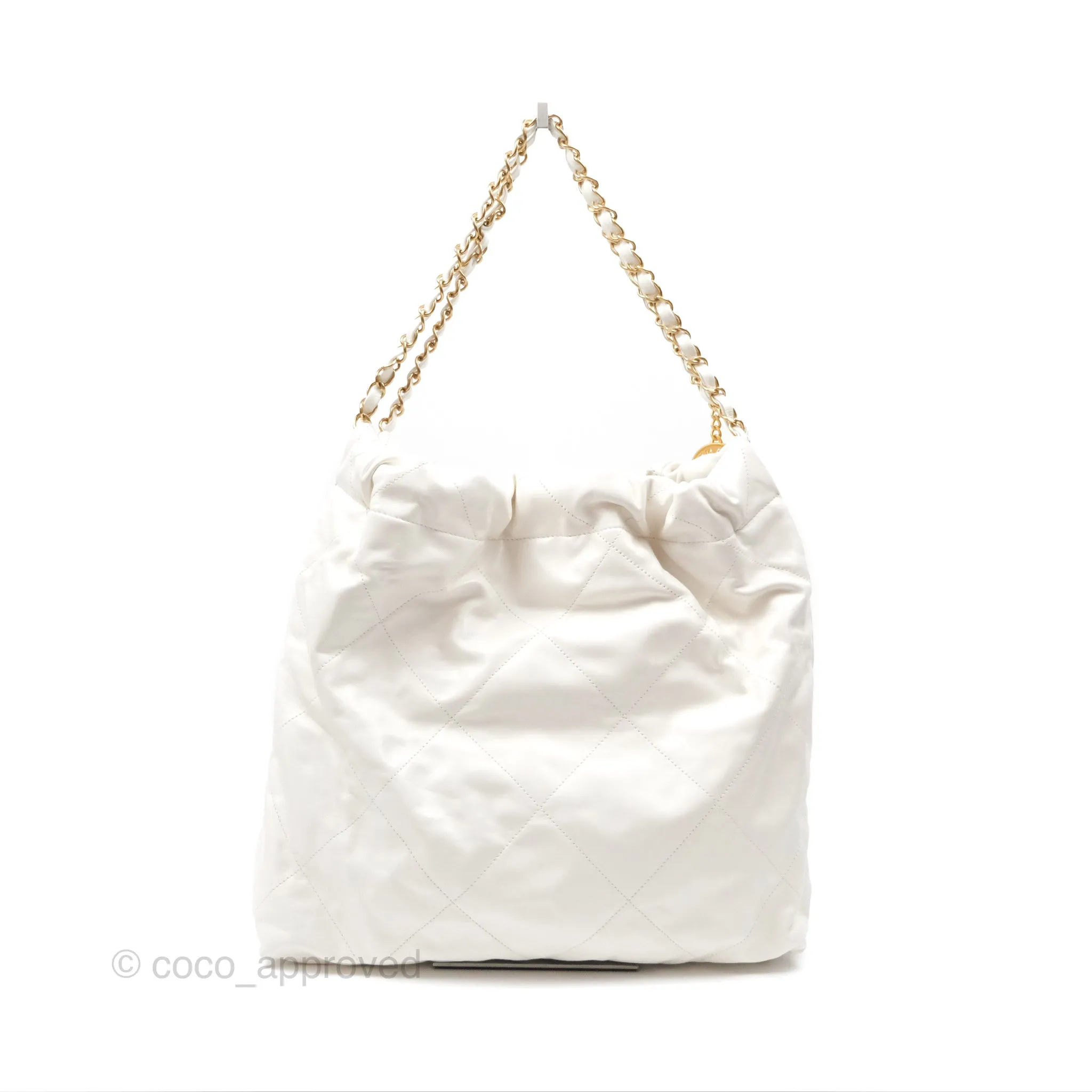Chanel 22 Medium White Shiny Calfskin Aged Gold Hardware