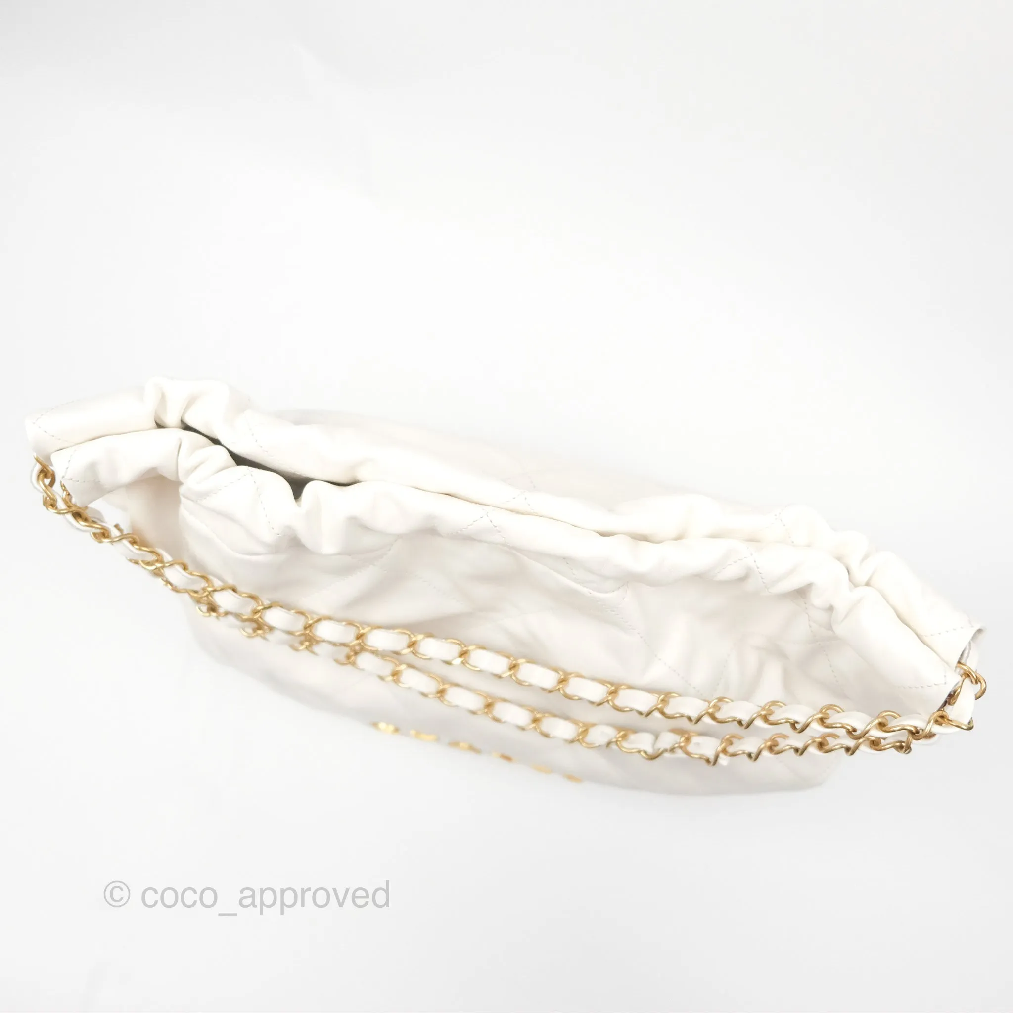 Chanel 22 Medium White Shiny Calfskin Aged Gold Hardware