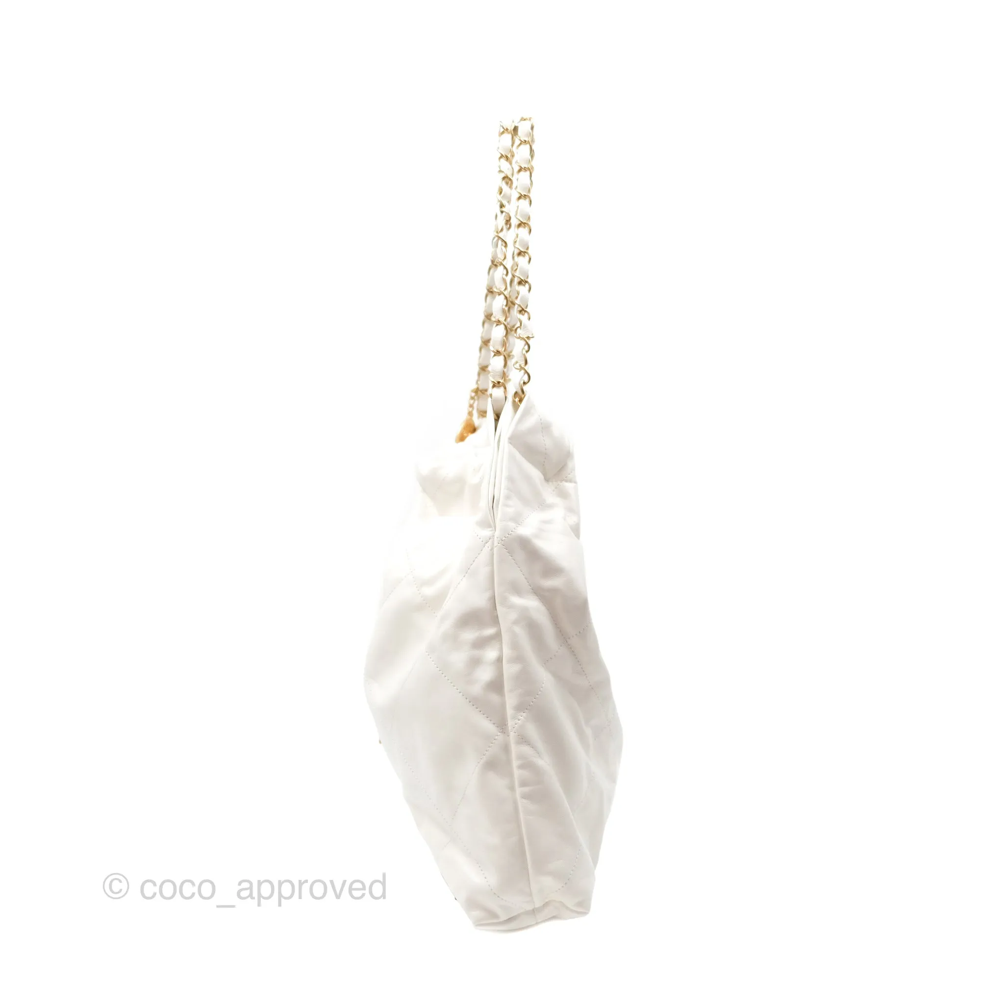 Chanel 22 Medium White Shiny Calfskin Aged Gold Hardware