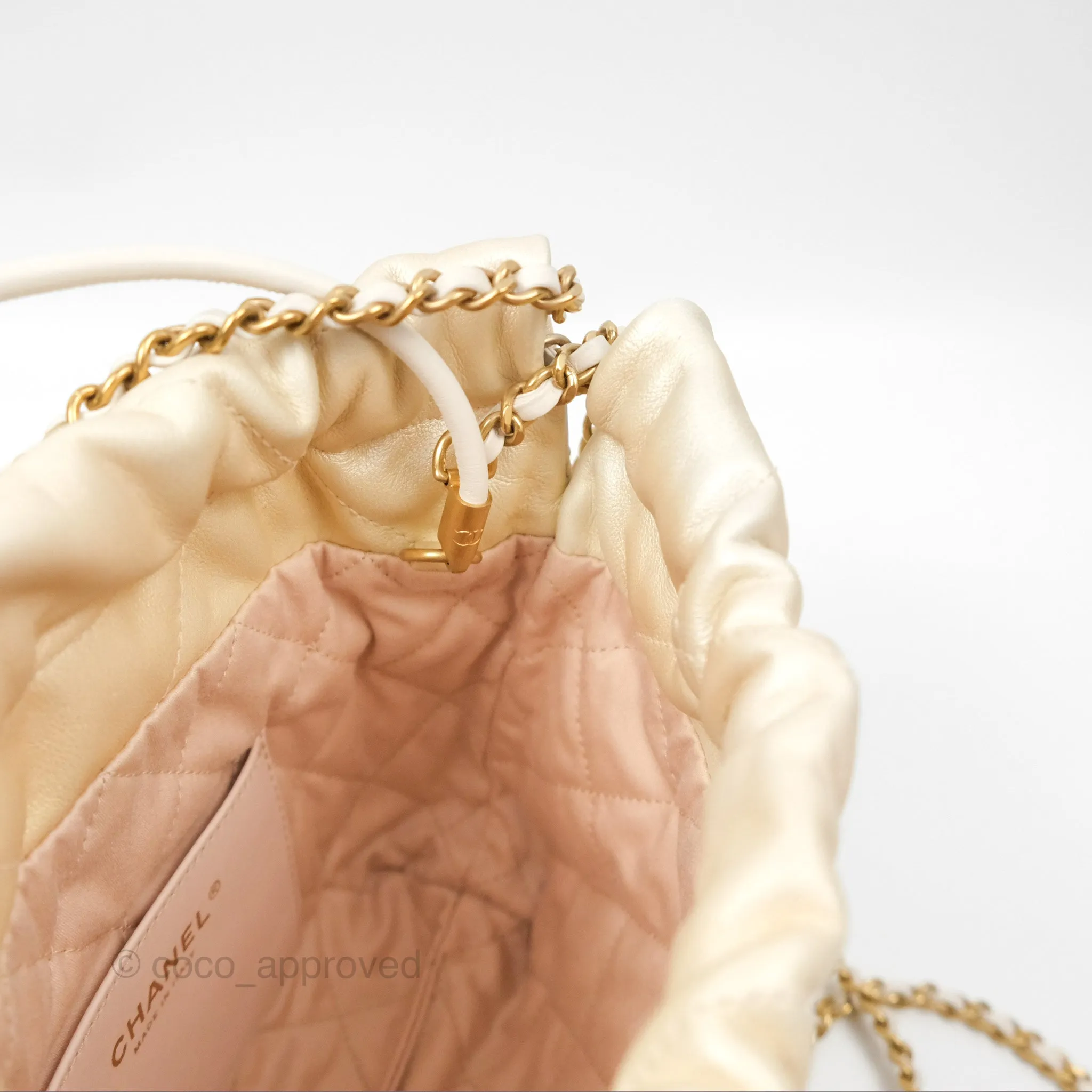 Chanel 22 Mini Bag Iridescent Light Pearly Calfskin Aged Gold Hardware