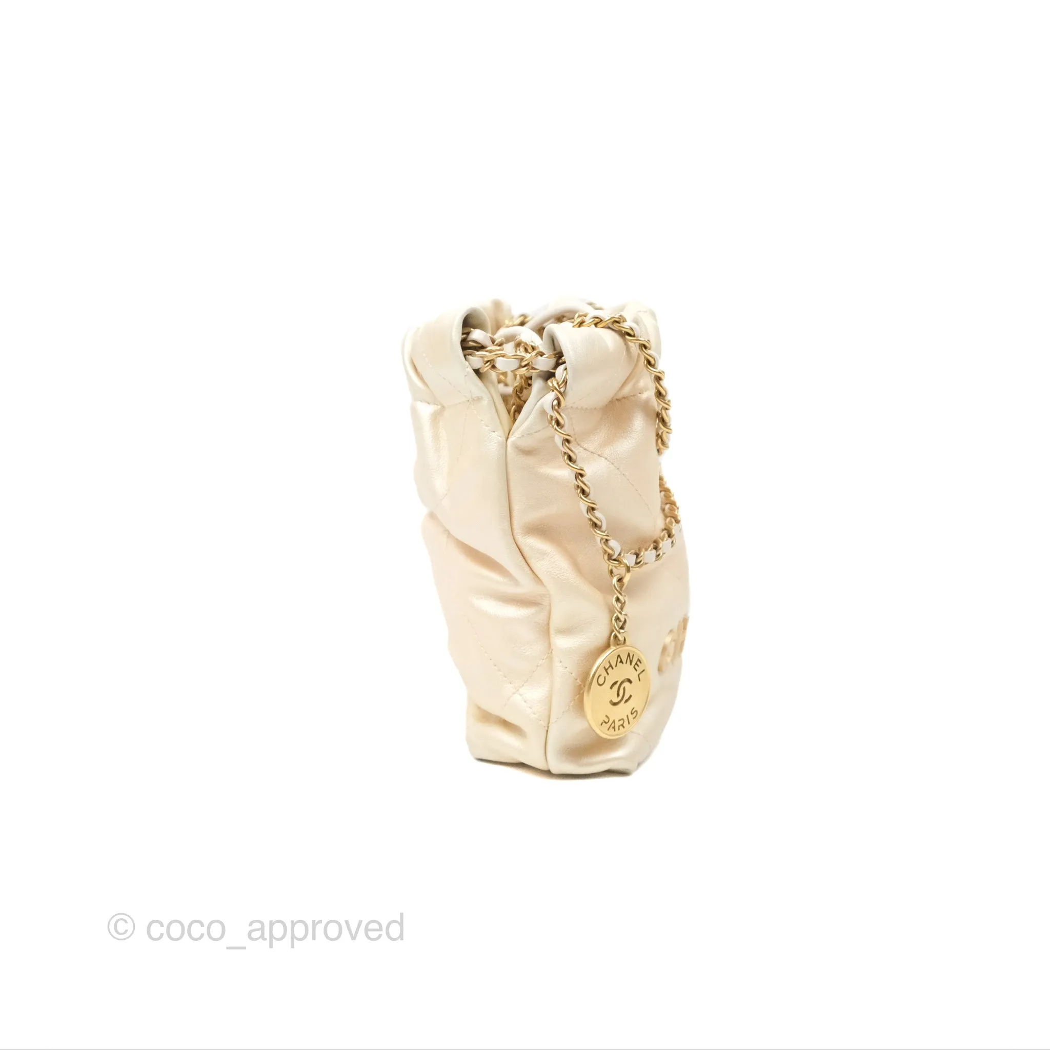 Chanel 22 Mini Bag Iridescent Light Pearly Calfskin Aged Gold Hardware