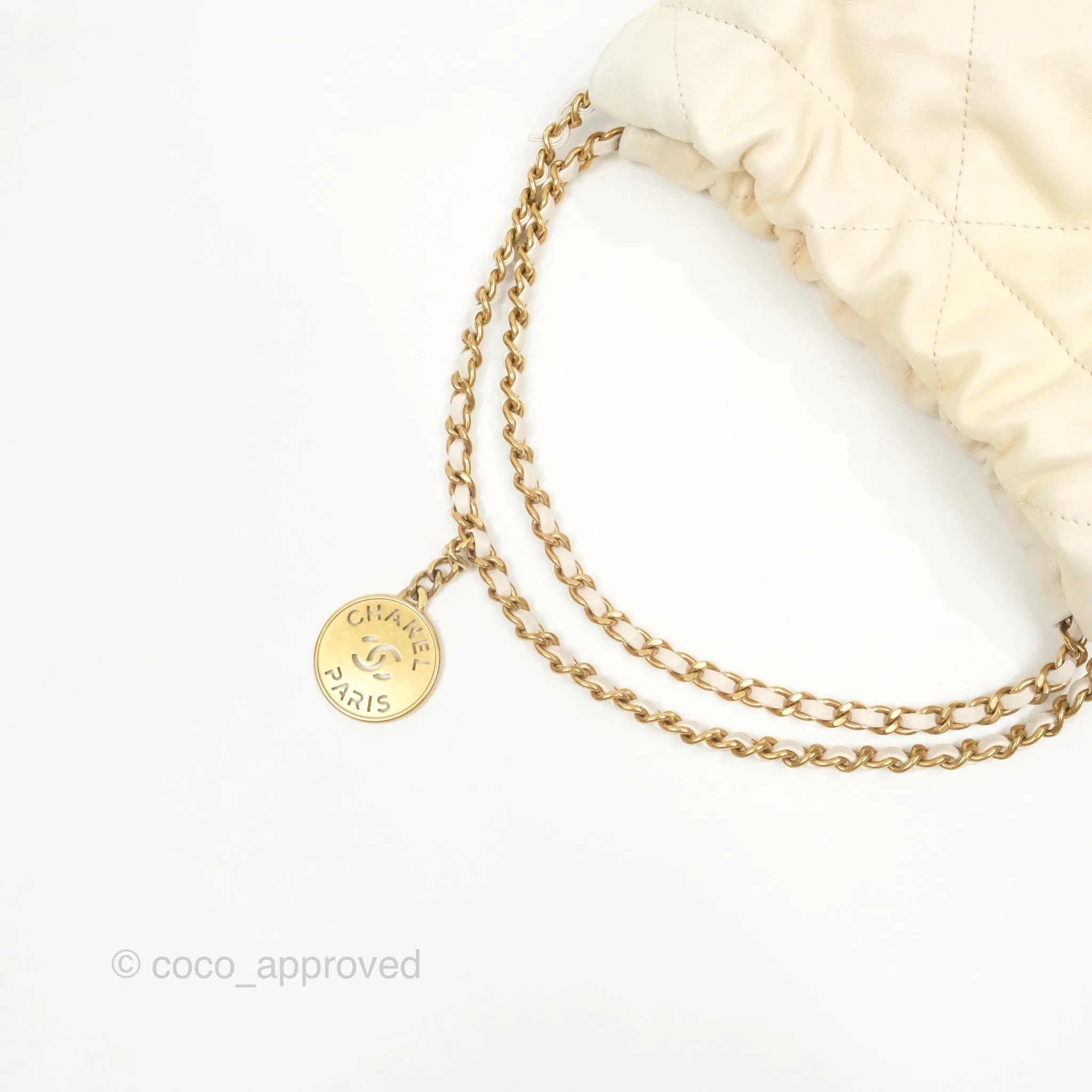 Chanel 22 Mini Bag Iridescent Light Pearly Calfskin Aged Gold Hardware