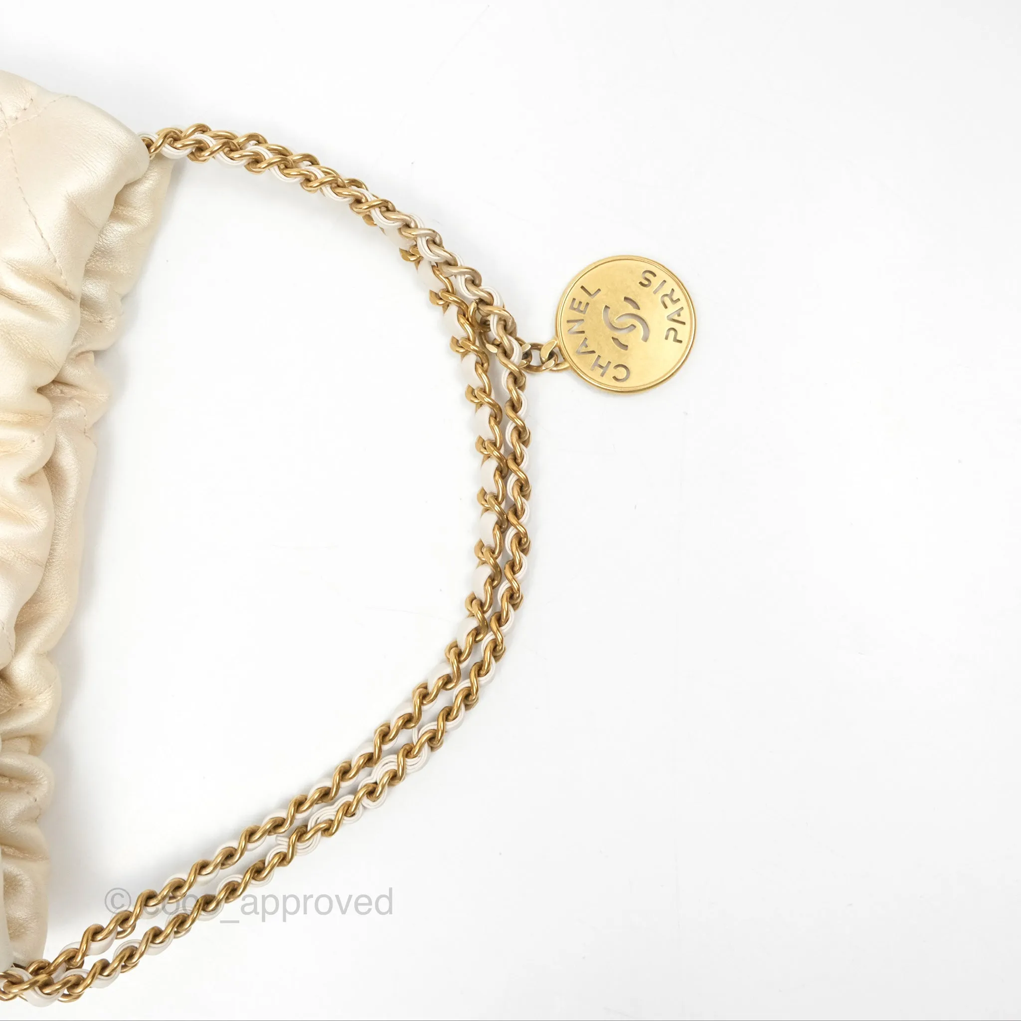 Chanel 22 Mini Bag Iridescent Light Pearly Calfskin Aged Gold Hardware