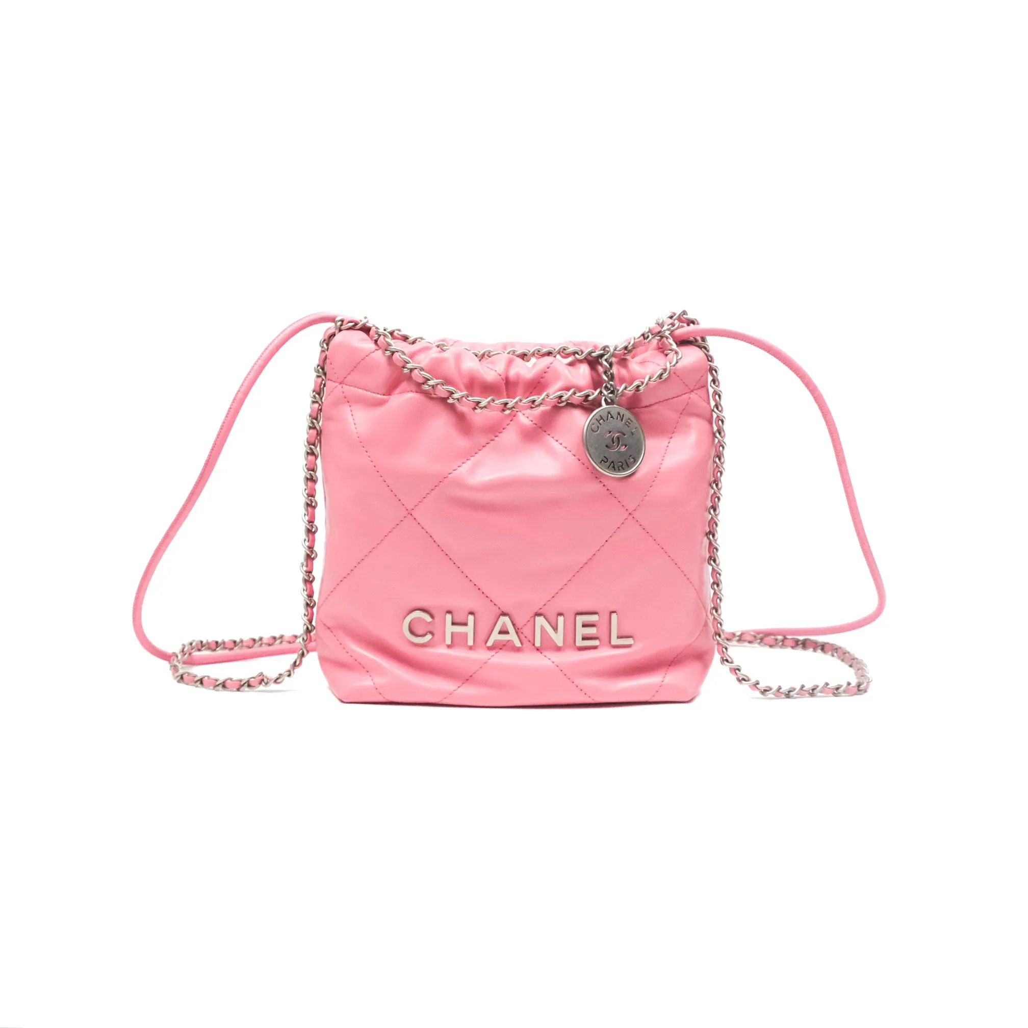 Chanel 22 Mini Bag Pink Crumpled Calfskin Aged Silver Hardware