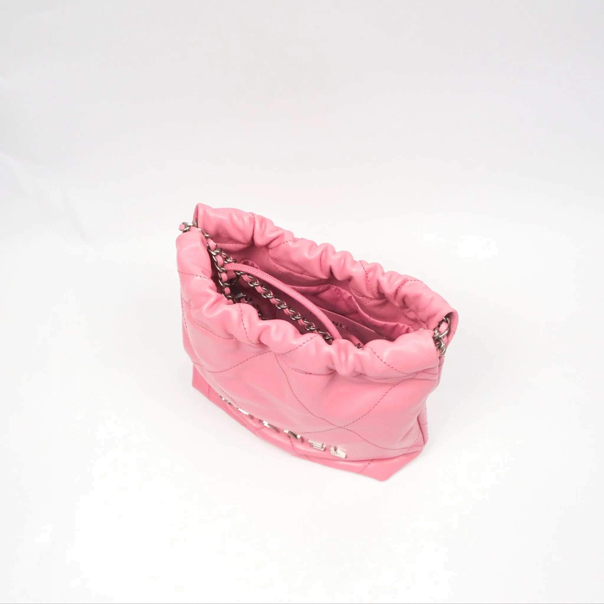 Chanel 22 Mini Bag Pink Crumpled Calfskin Aged Silver Hardware