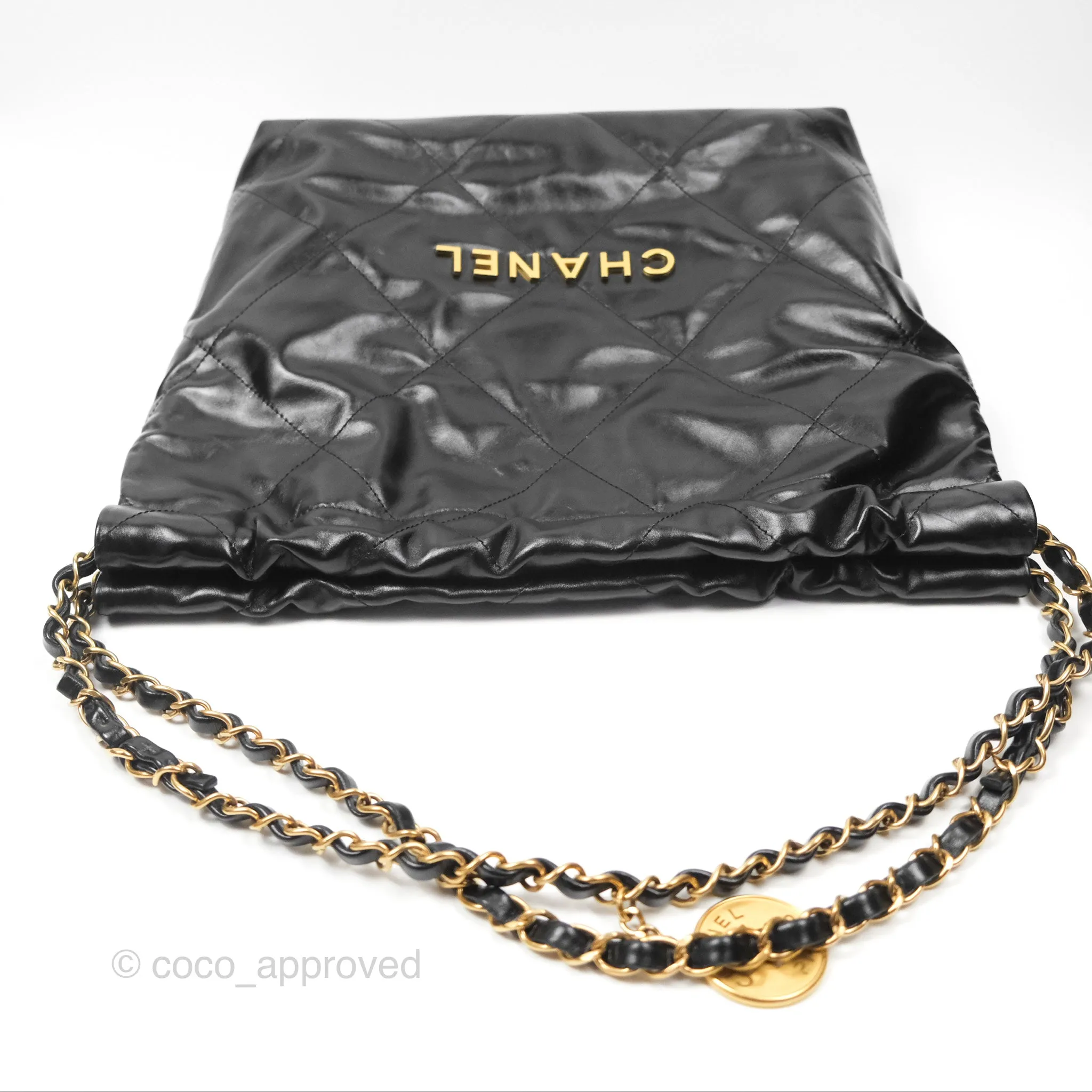 Chanel 22 Small Black Shiny Calfskin Aged Gold Hardware