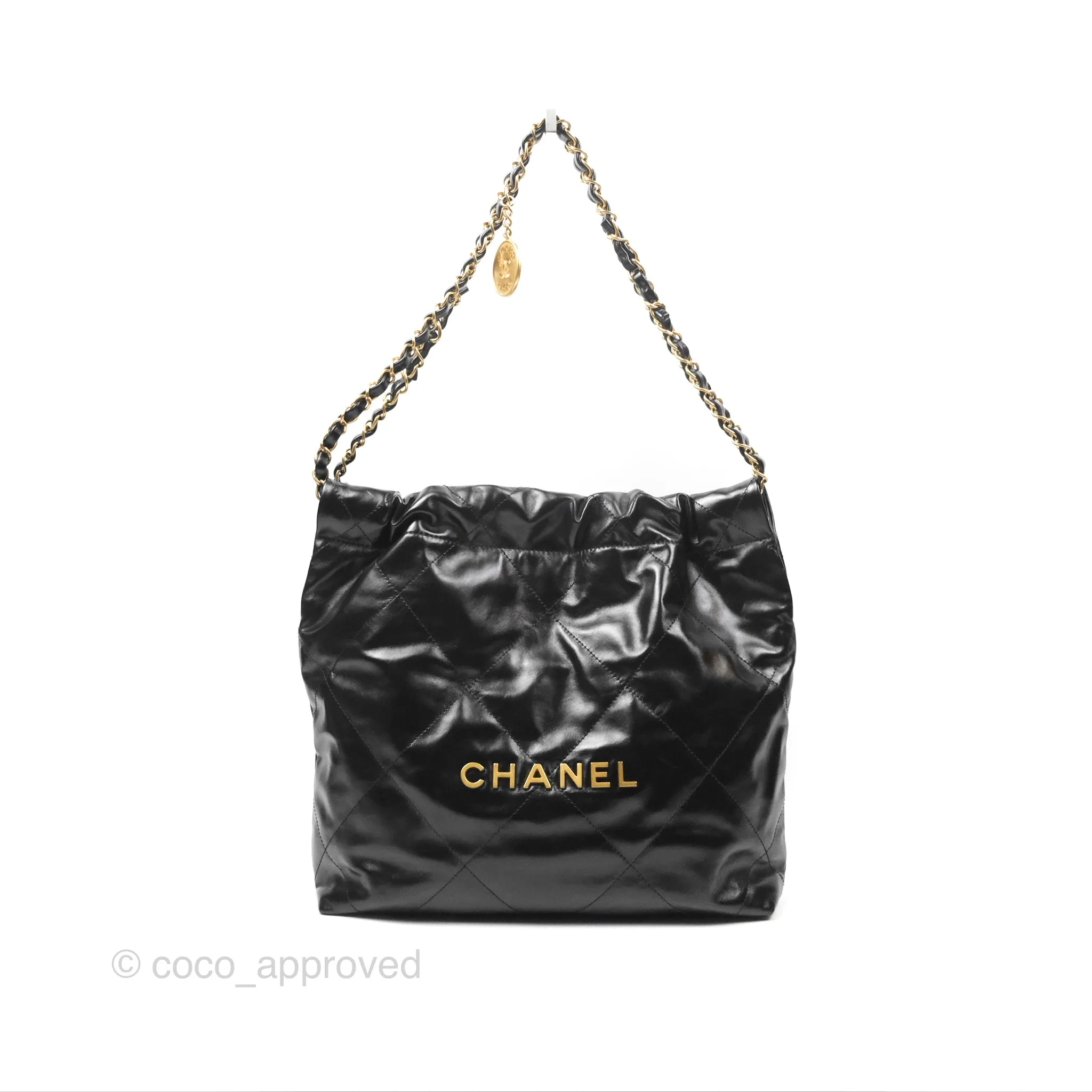 Chanel 22 Small Black Shiny Calfskin Aged Gold Hardware