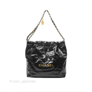 Chanel 22 Small Black Shiny Calfskin Aged Gold Hardware