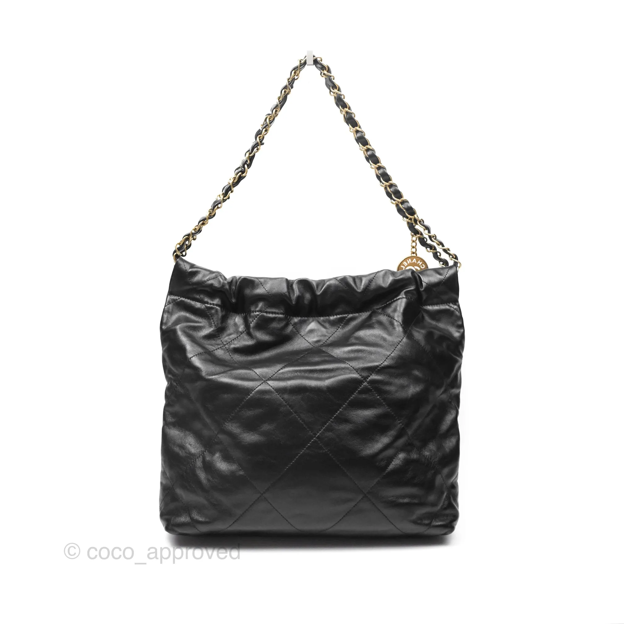 Chanel 22 Small Black Shiny Crumpled Calfskin Aged Gold Hardware