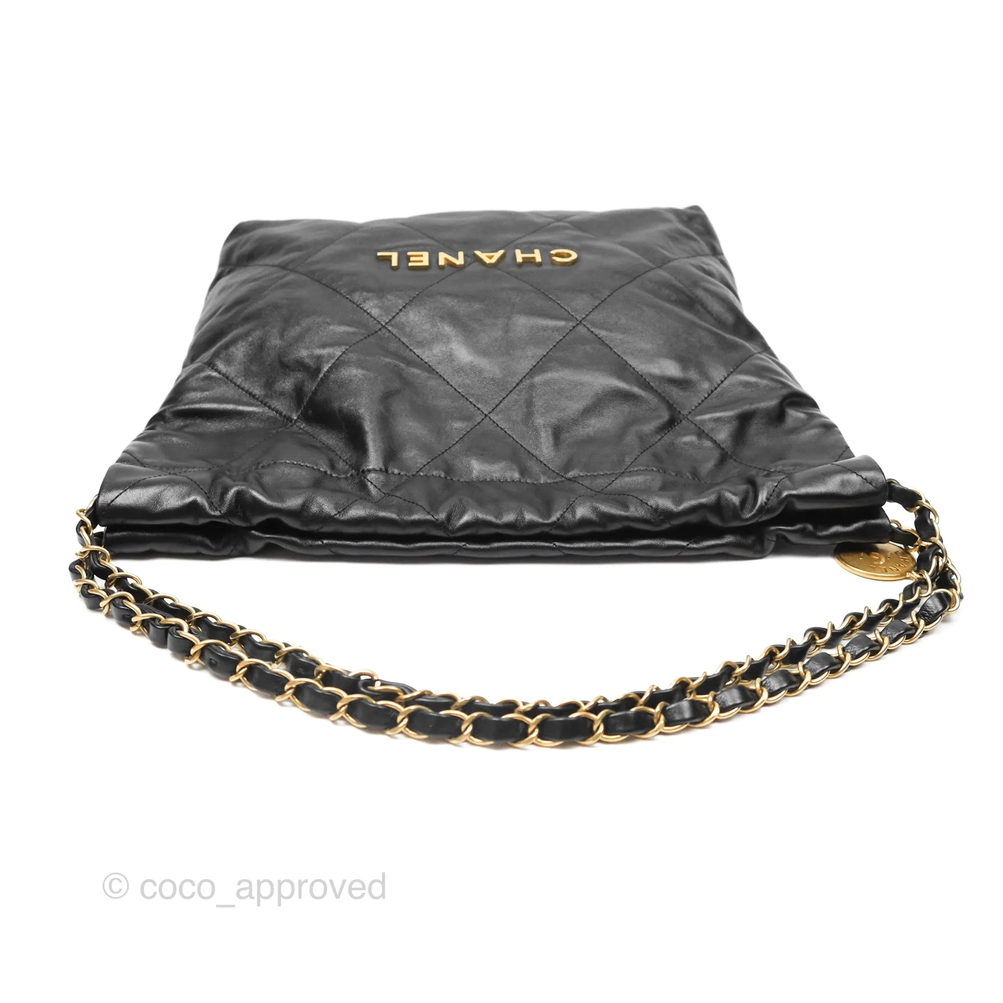 Chanel 22 Small Black Shiny Crumpled Calfskin Aged Gold Hardware
