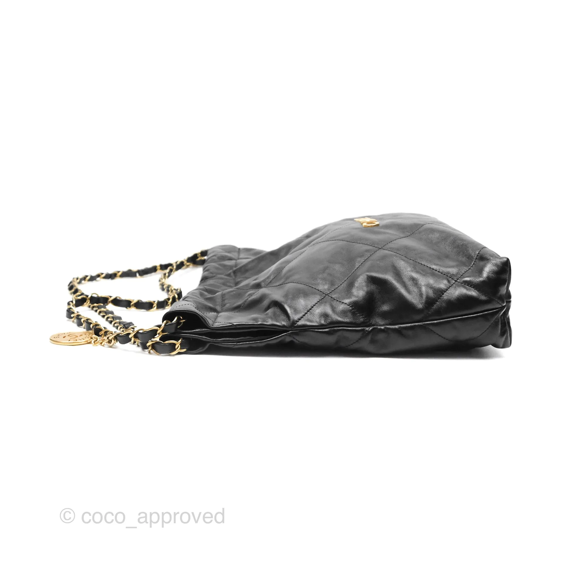 Chanel 22 Small Black Shiny Crumpled Calfskin Aged Gold Hardware
