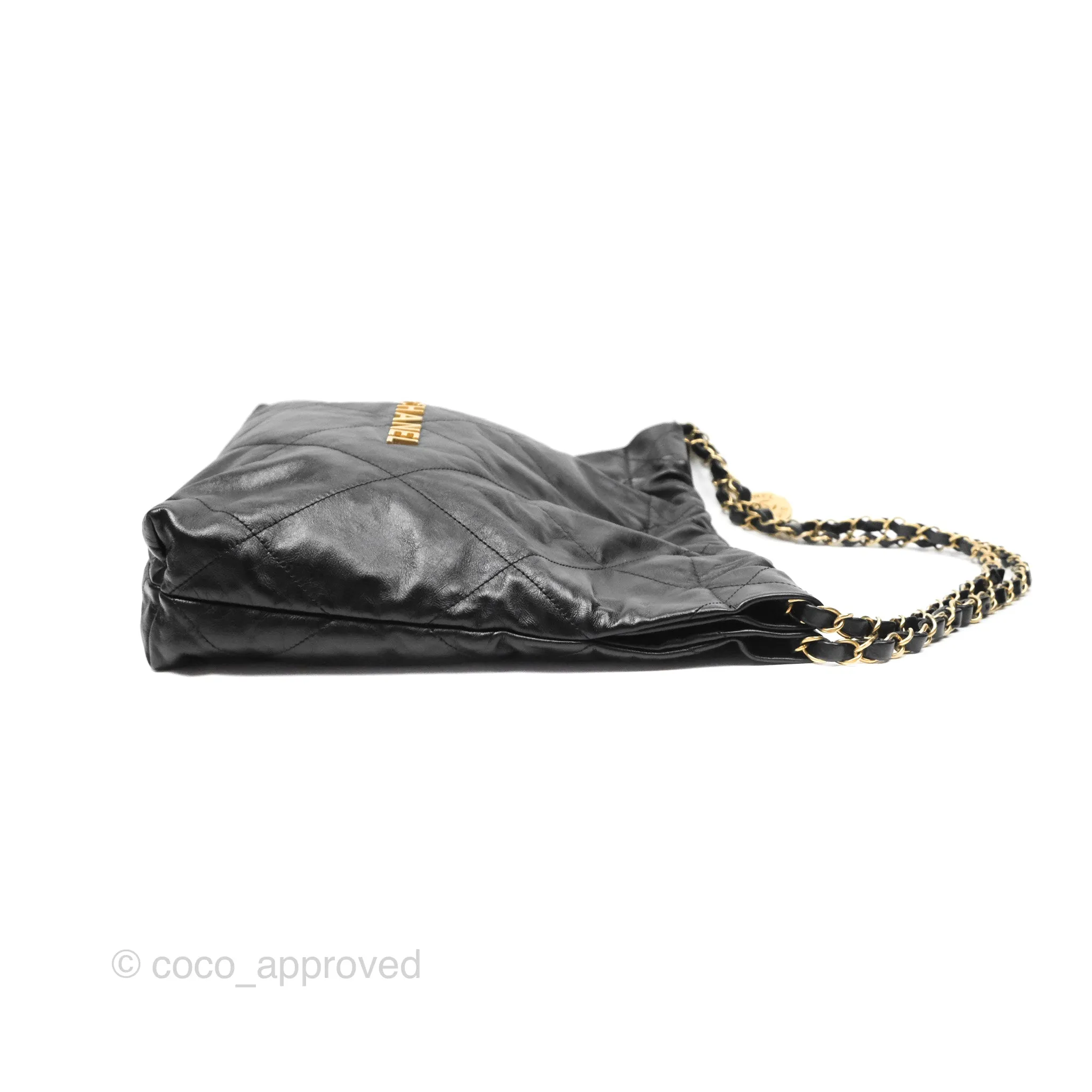 Chanel 22 Small Black Shiny Crumpled Calfskin Aged Gold Hardware