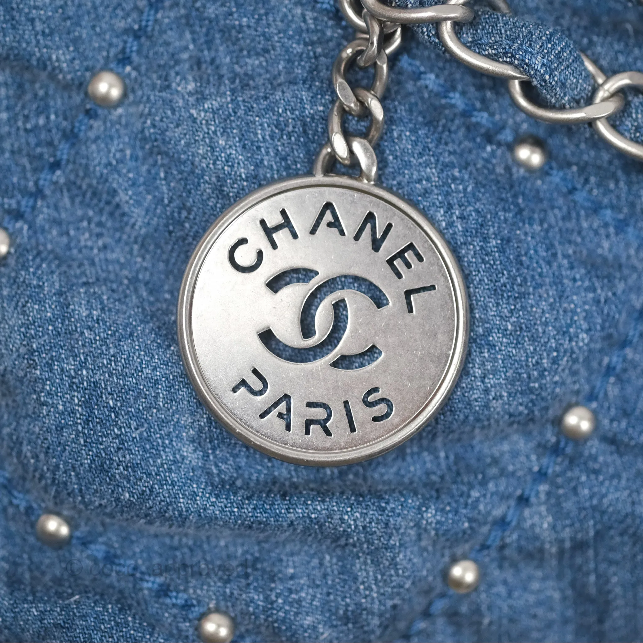 Chanel 22 Small Pearl Studded Denim Silver Hardware