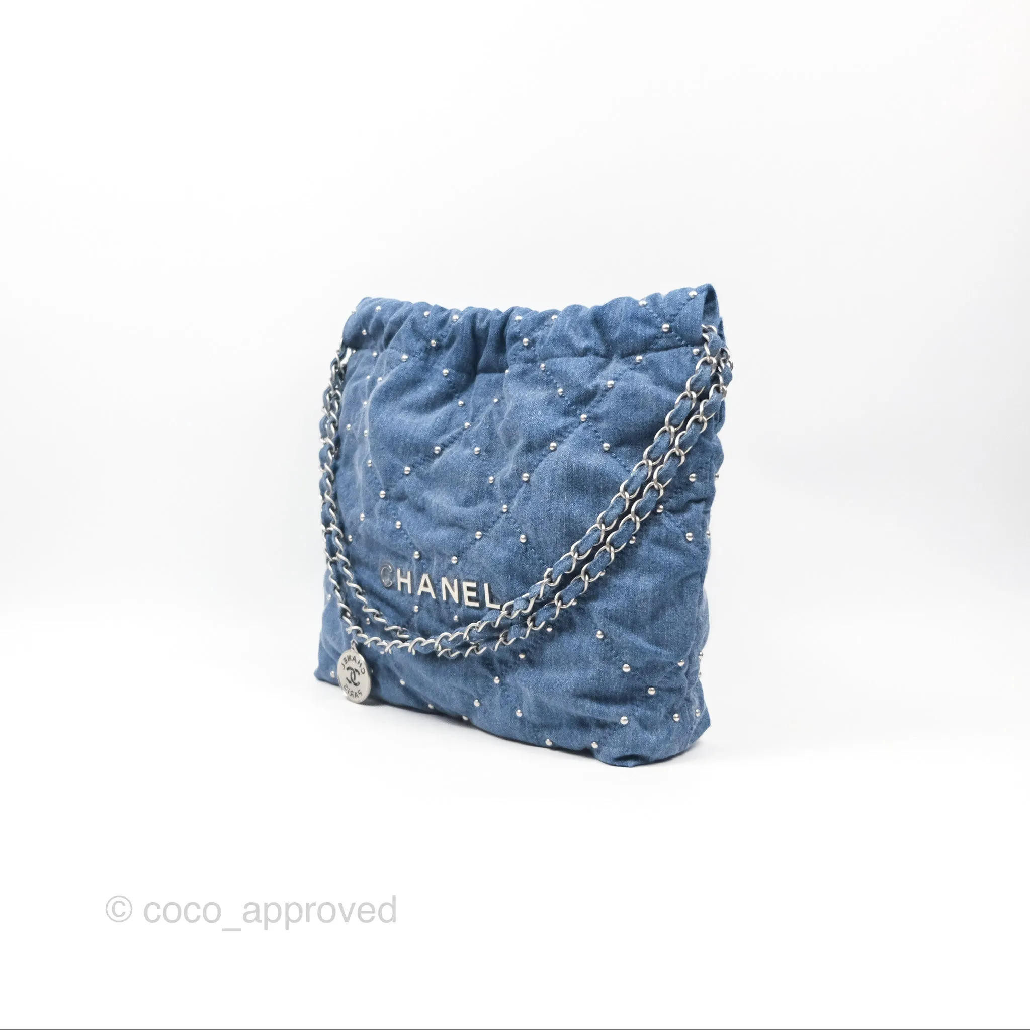 Chanel 22 Small Pearl Studded Denim Silver Hardware