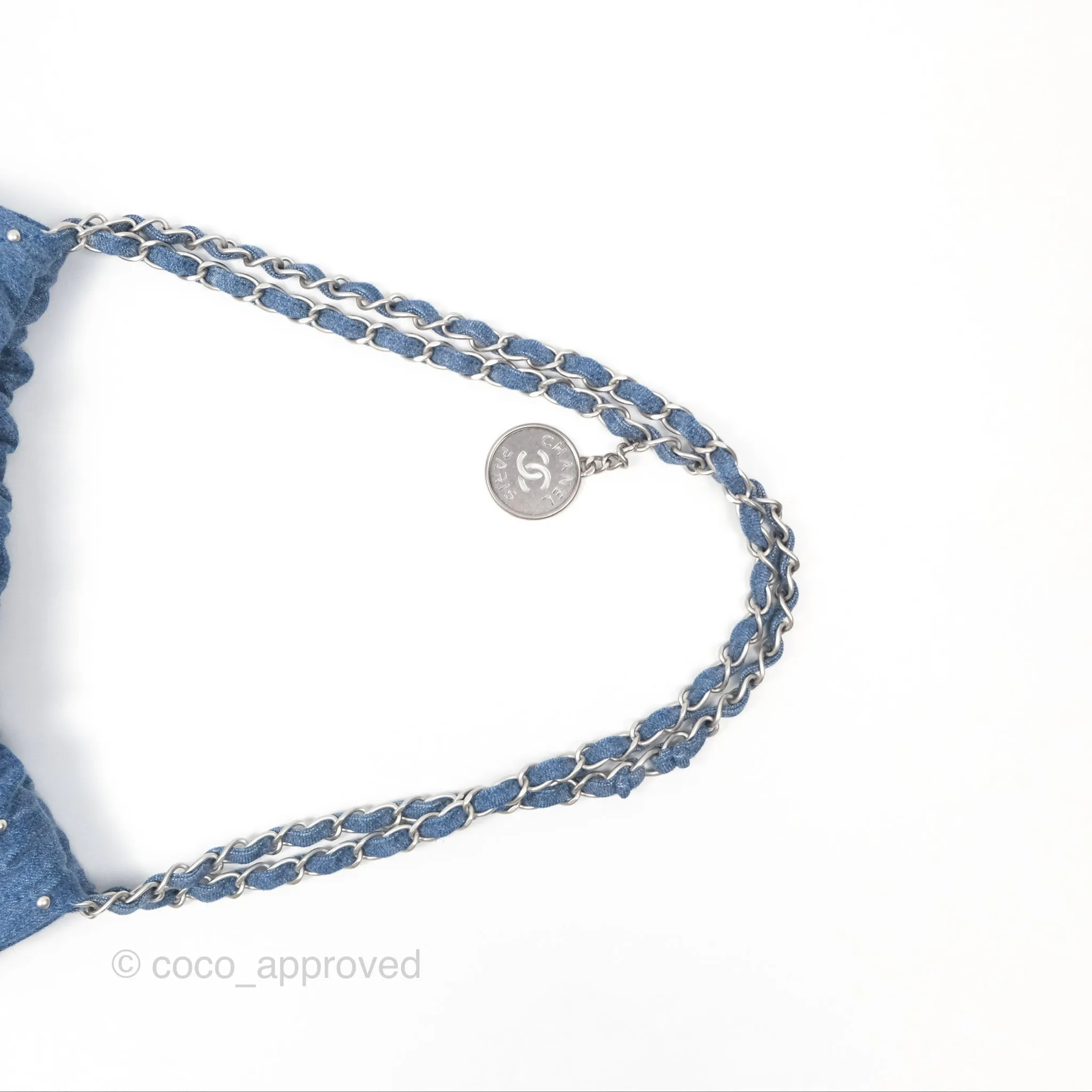 Chanel 22 Small Pearl Studded Denim Silver Hardware