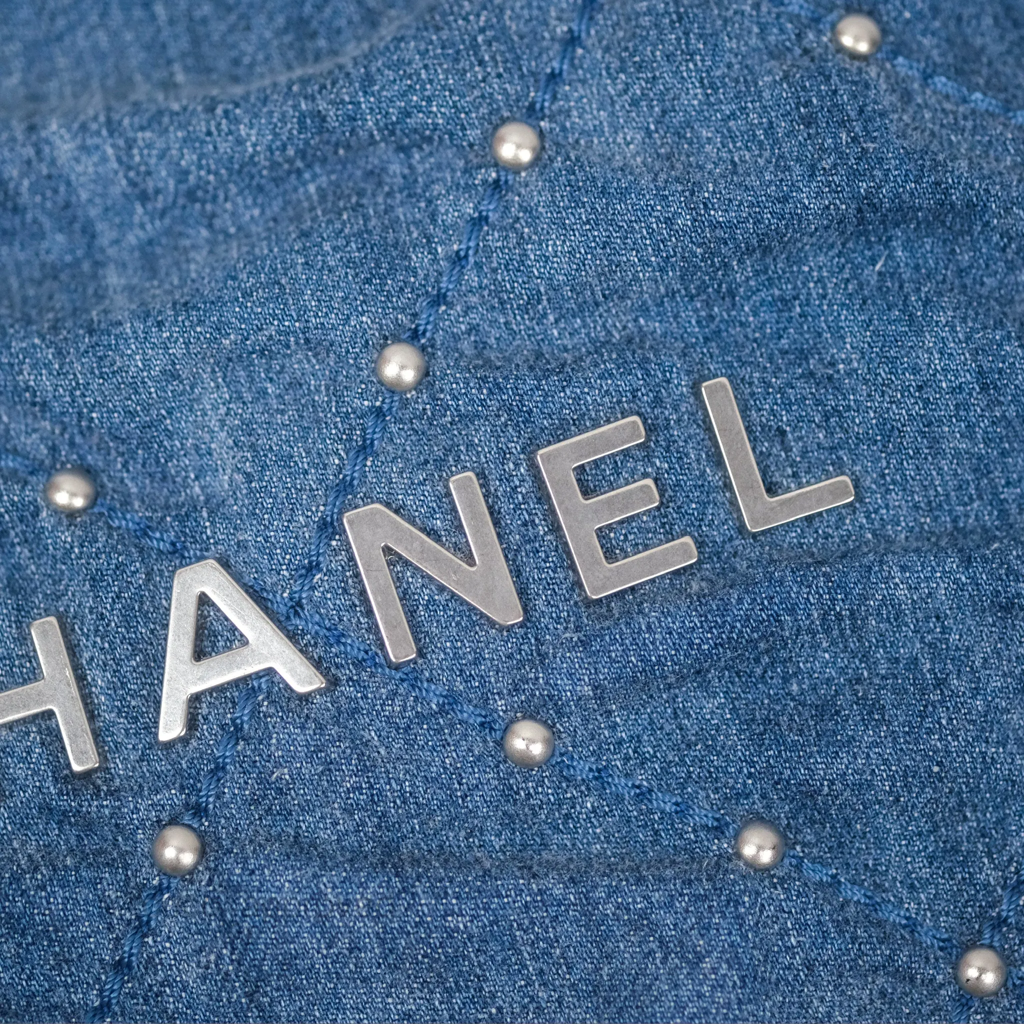 Chanel 22 Small Pearl Studded Denim Silver Hardware