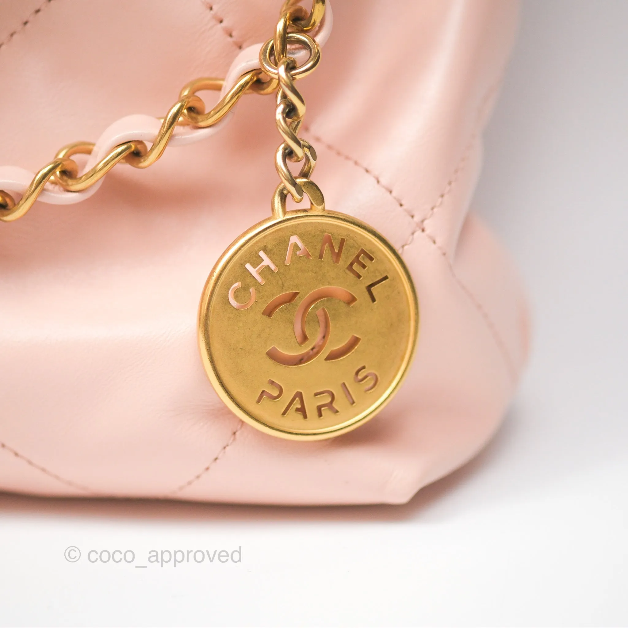Chanel 22 Small Quilted Pink Shiny Crumpled Calfskin Aged Gold Hardware