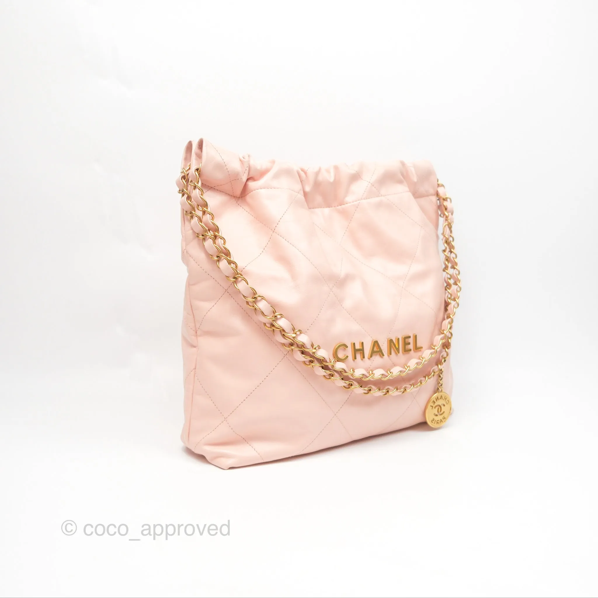 Chanel 22 Small Quilted Pink Shiny Crumpled Calfskin Aged Gold Hardware
