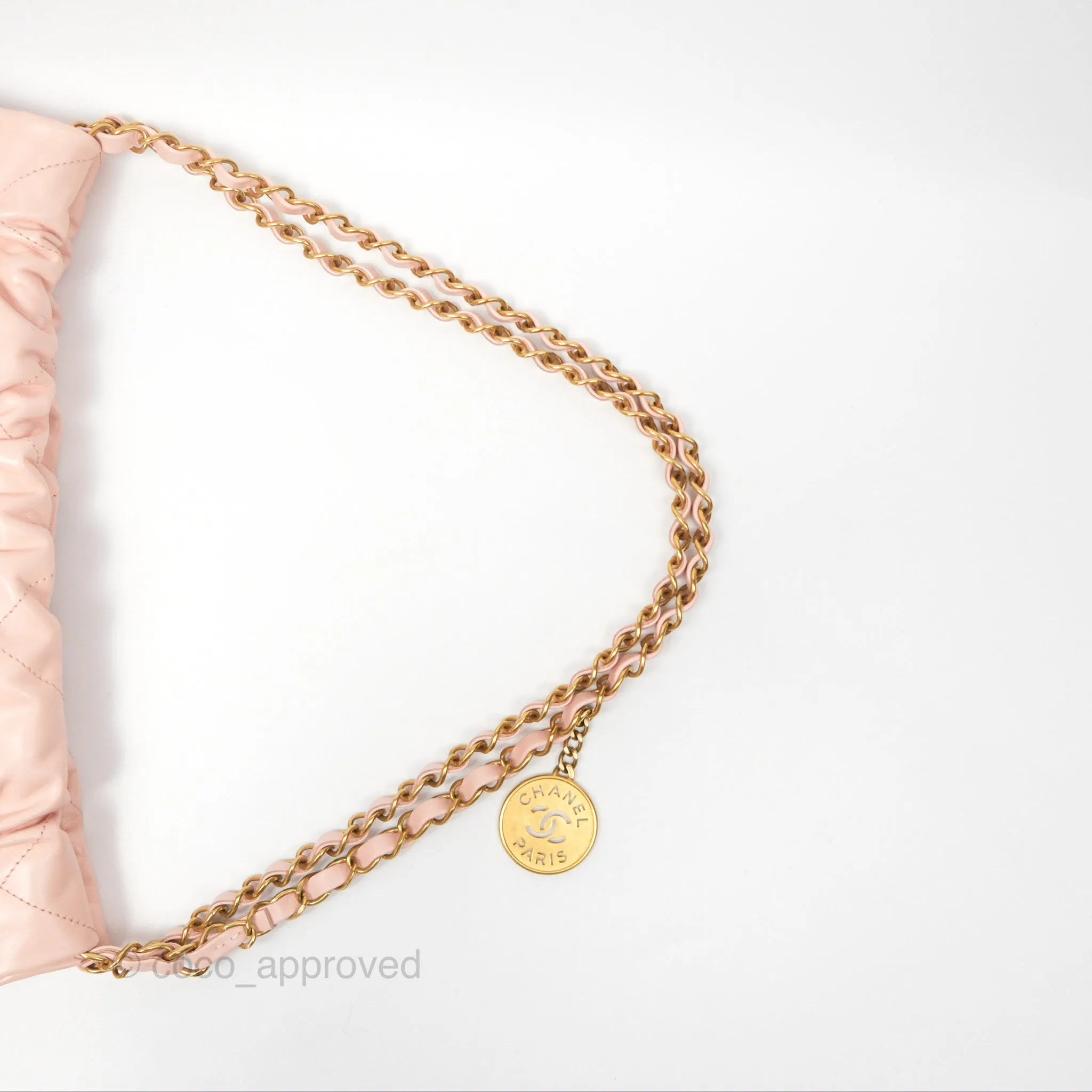 Chanel 22 Small Quilted Pink Shiny Crumpled Calfskin Aged Gold Hardware
