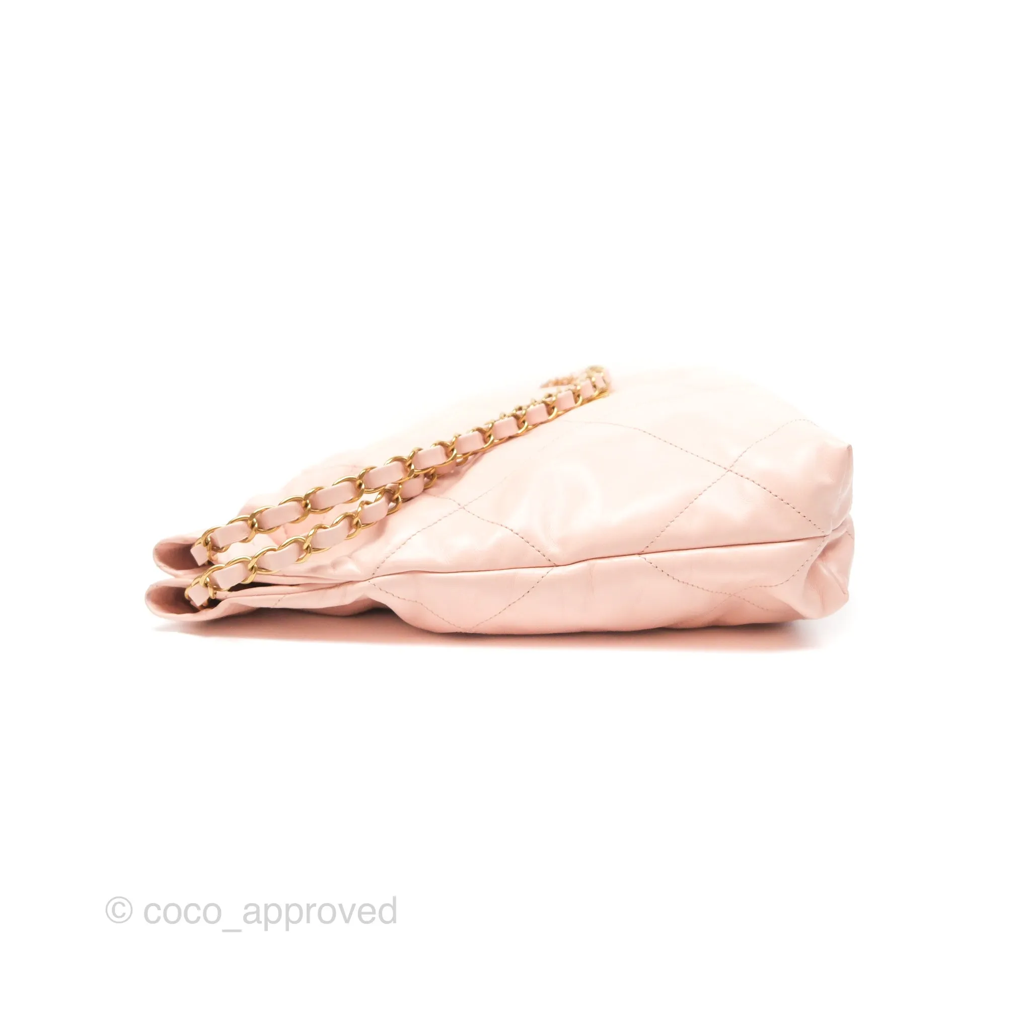 Chanel 22 Small Quilted Pink Shiny Crumpled Calfskin Aged Gold Hardware