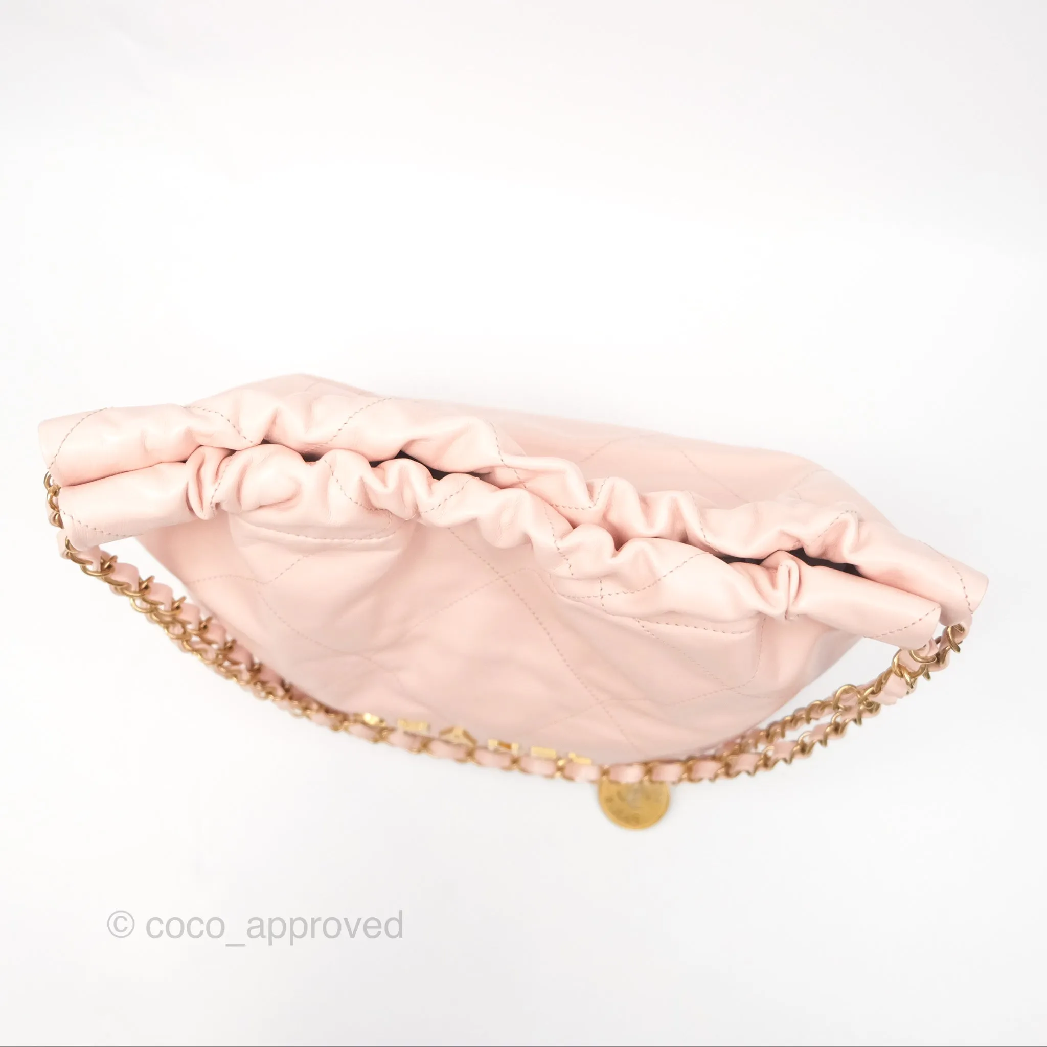 Chanel 22 Small Quilted Pink Shiny Crumpled Calfskin Aged Gold Hardware