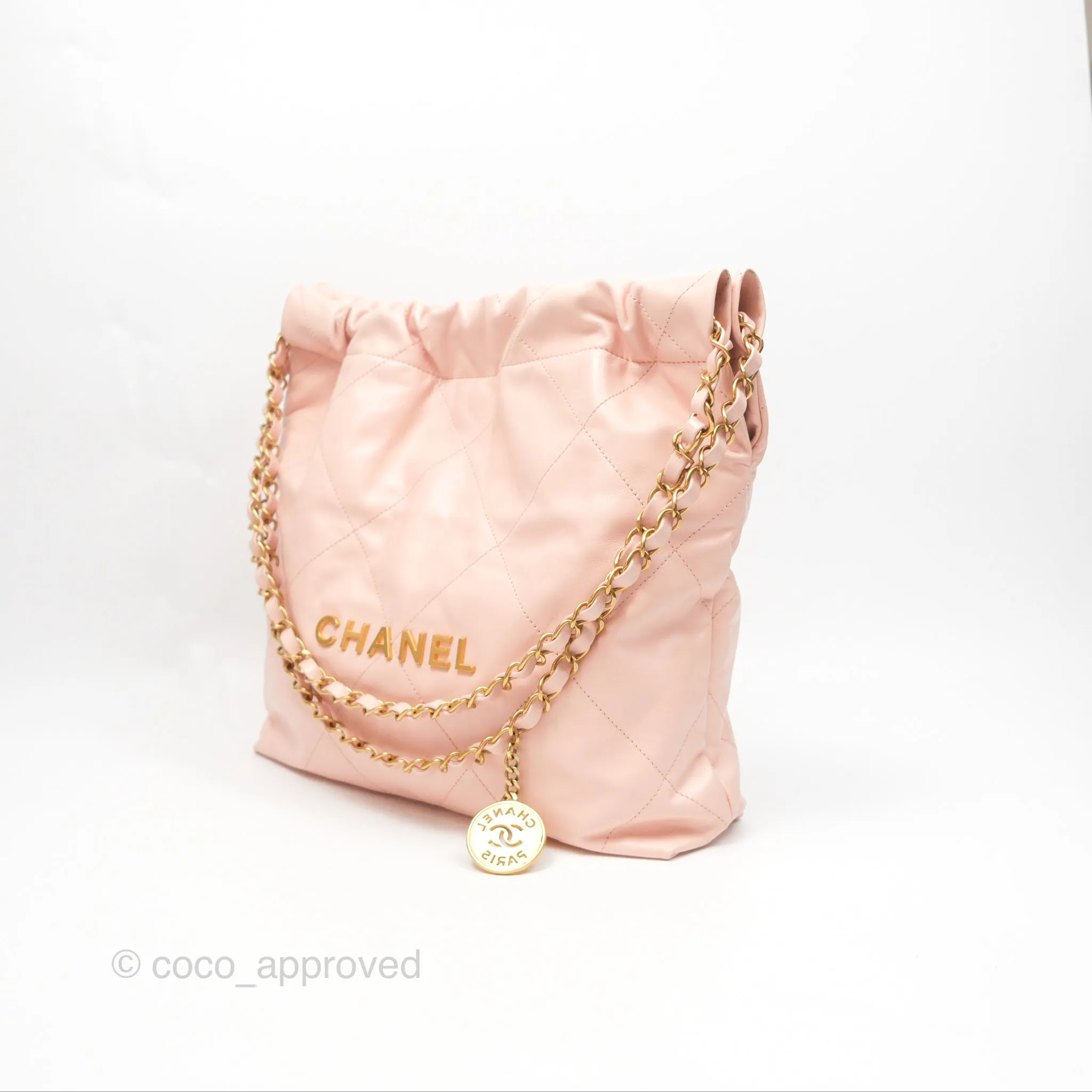 Chanel 22 Small Quilted Pink Shiny Crumpled Calfskin Aged Gold Hardware