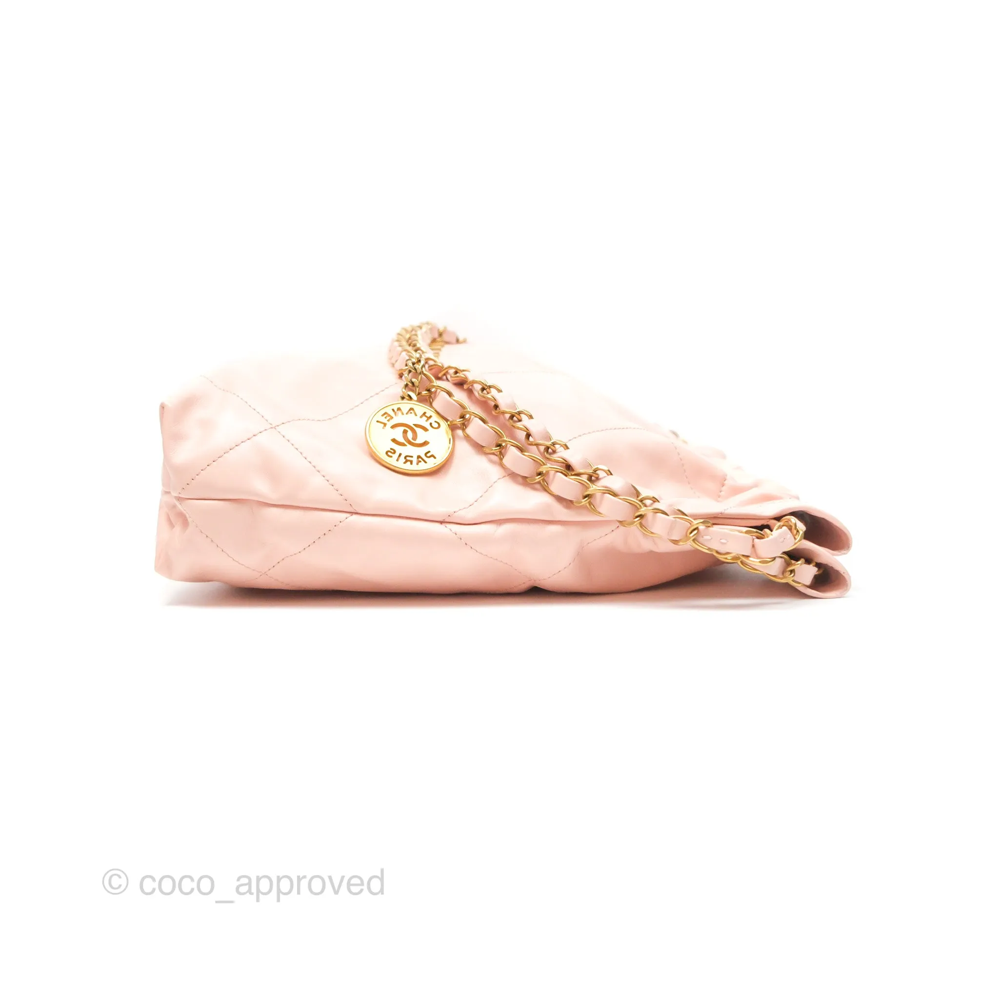 Chanel 22 Small Quilted Pink Shiny Crumpled Calfskin Aged Gold Hardware