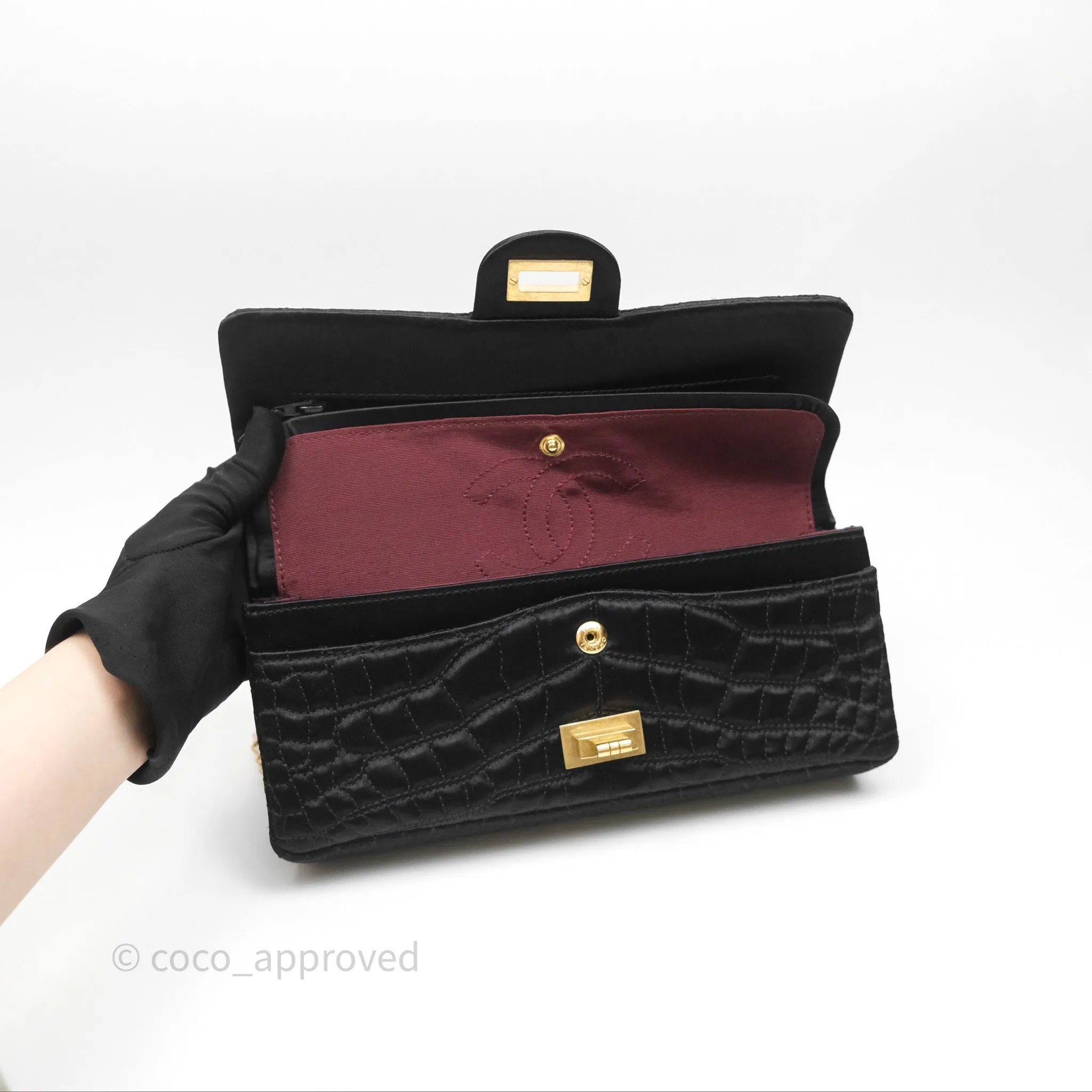 Chanel 2.55 Reissue East West Double Flap Black Satin Croc Aged Gold Hardware