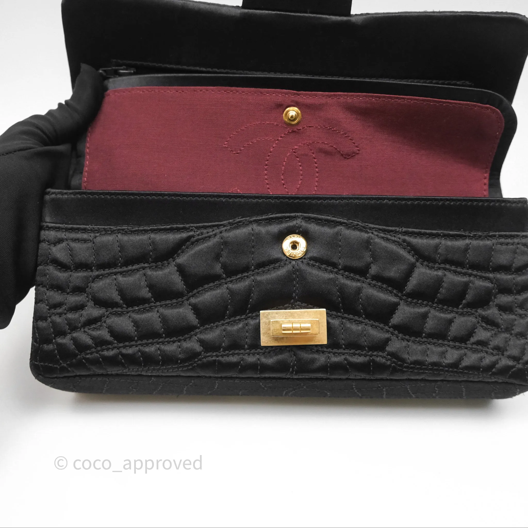 Chanel 2.55 Reissue East West Double Flap Black Satin Croc Aged Gold Hardware