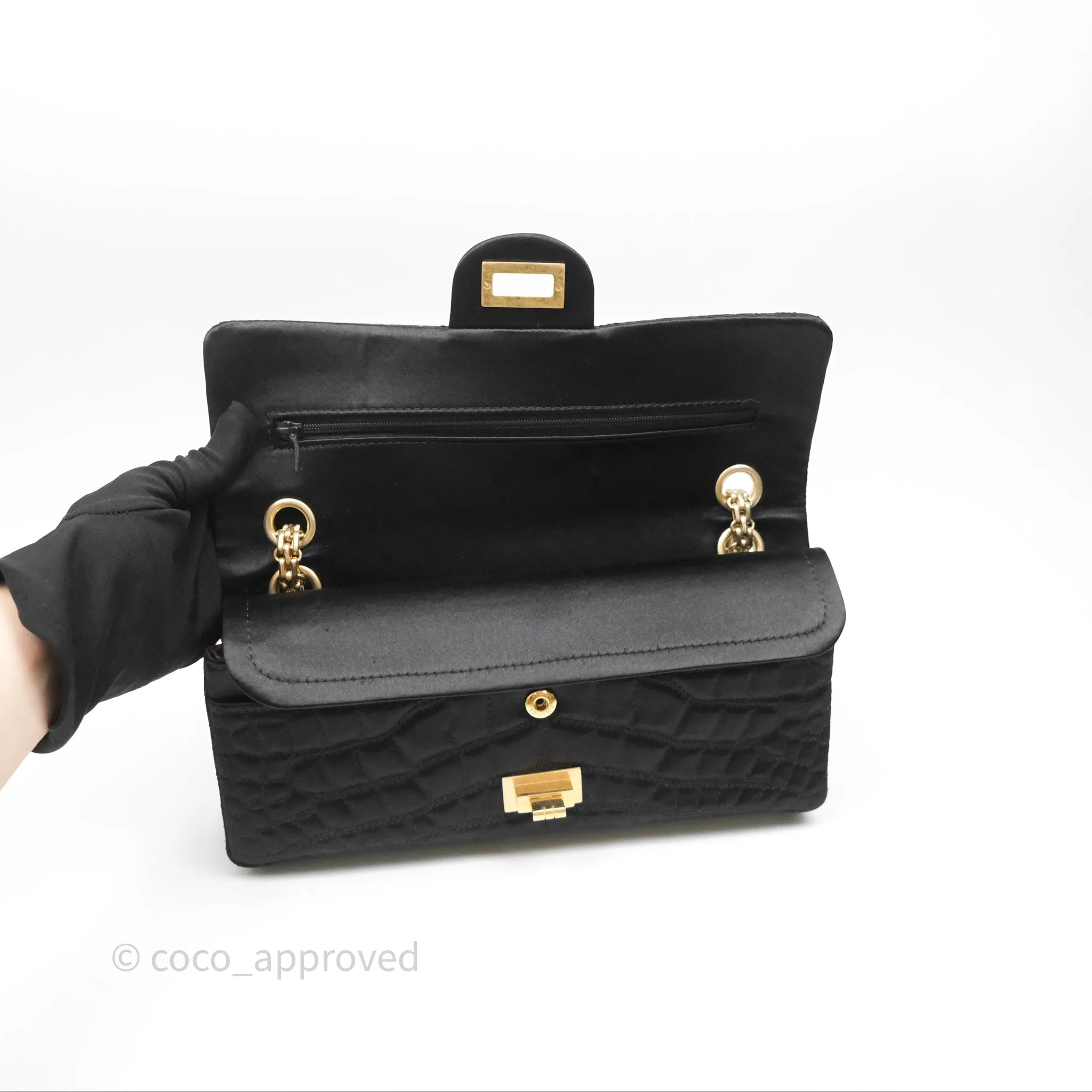 Chanel 2.55 Reissue East West Double Flap Black Satin Croc Aged Gold Hardware