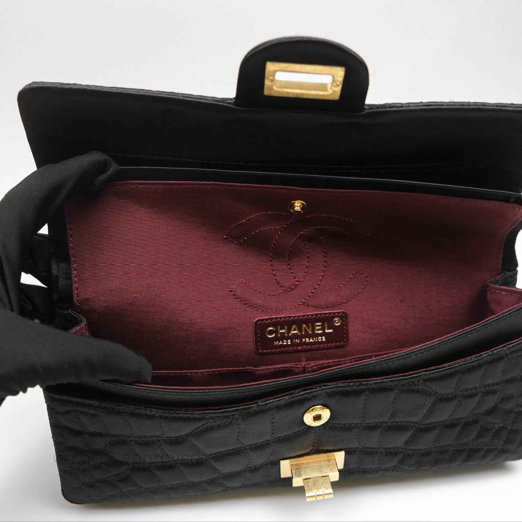 Chanel 2.55 Reissue East West Double Flap Black Satin Croc Aged Gold Hardware