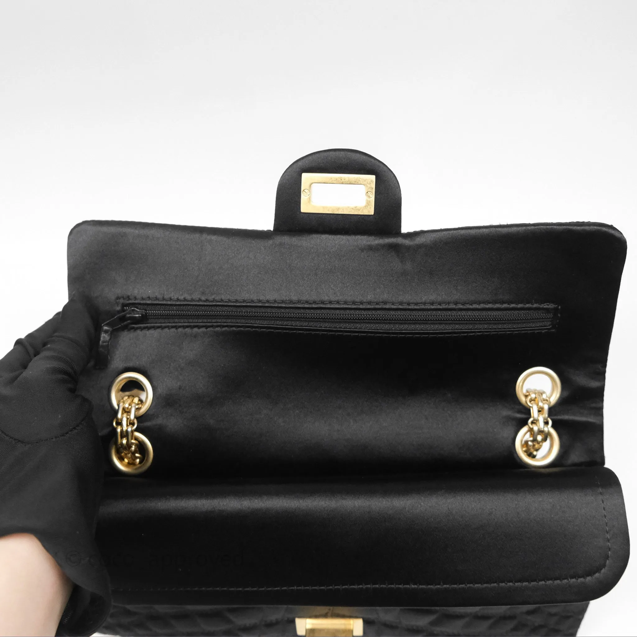 Chanel 2.55 Reissue East West Double Flap Black Satin Croc Aged Gold Hardware