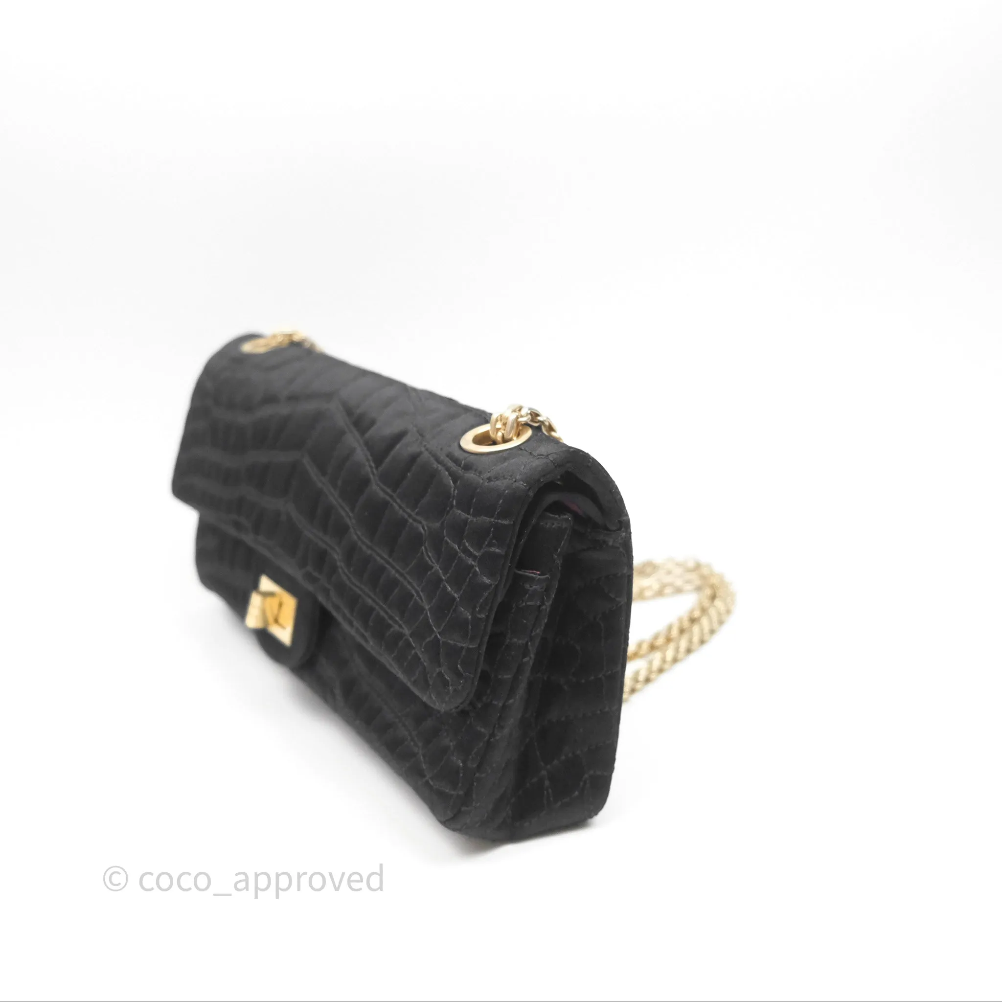 Chanel 2.55 Reissue East West Double Flap Black Satin Croc Aged Gold Hardware