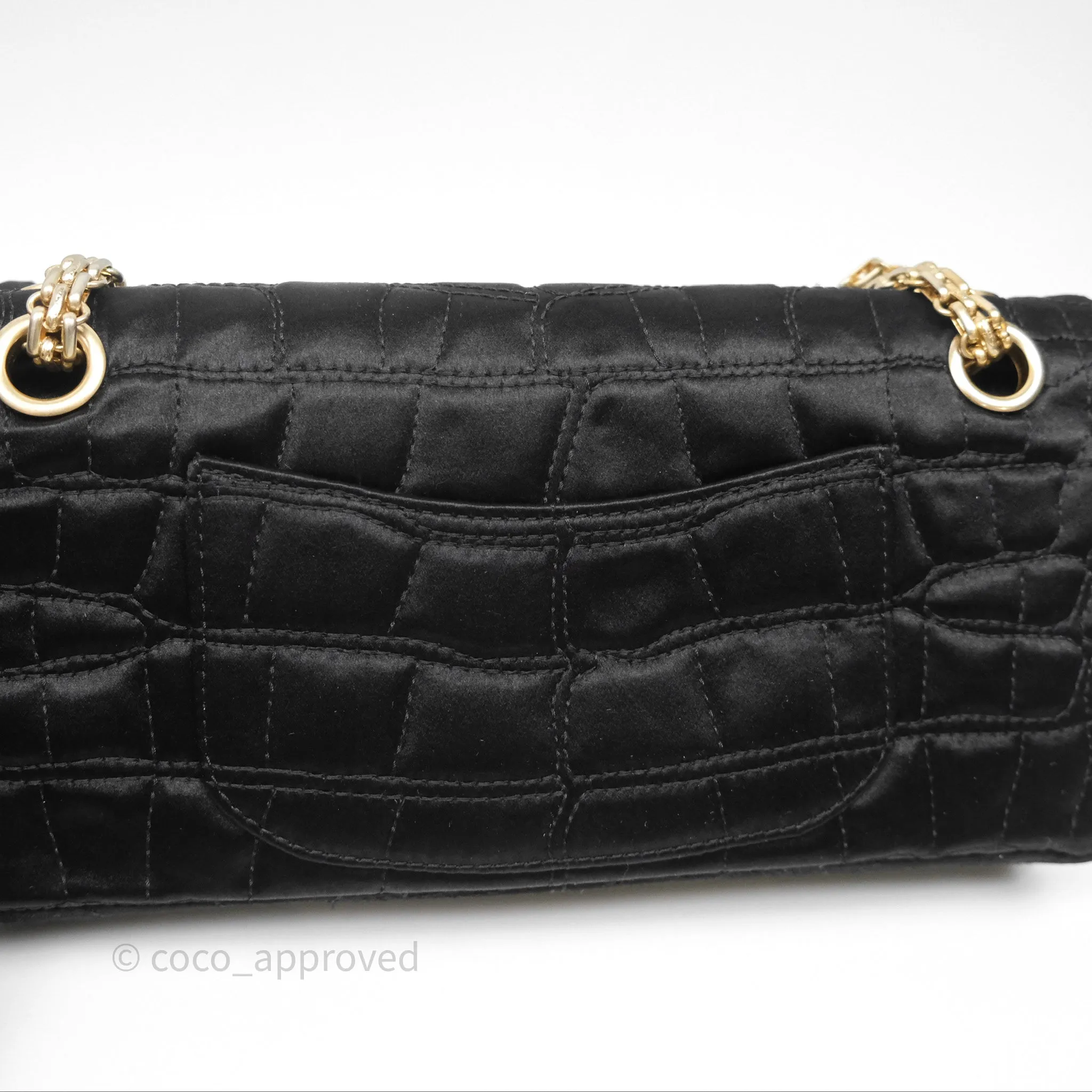 Chanel 2.55 Reissue East West Double Flap Black Satin Croc Aged Gold Hardware