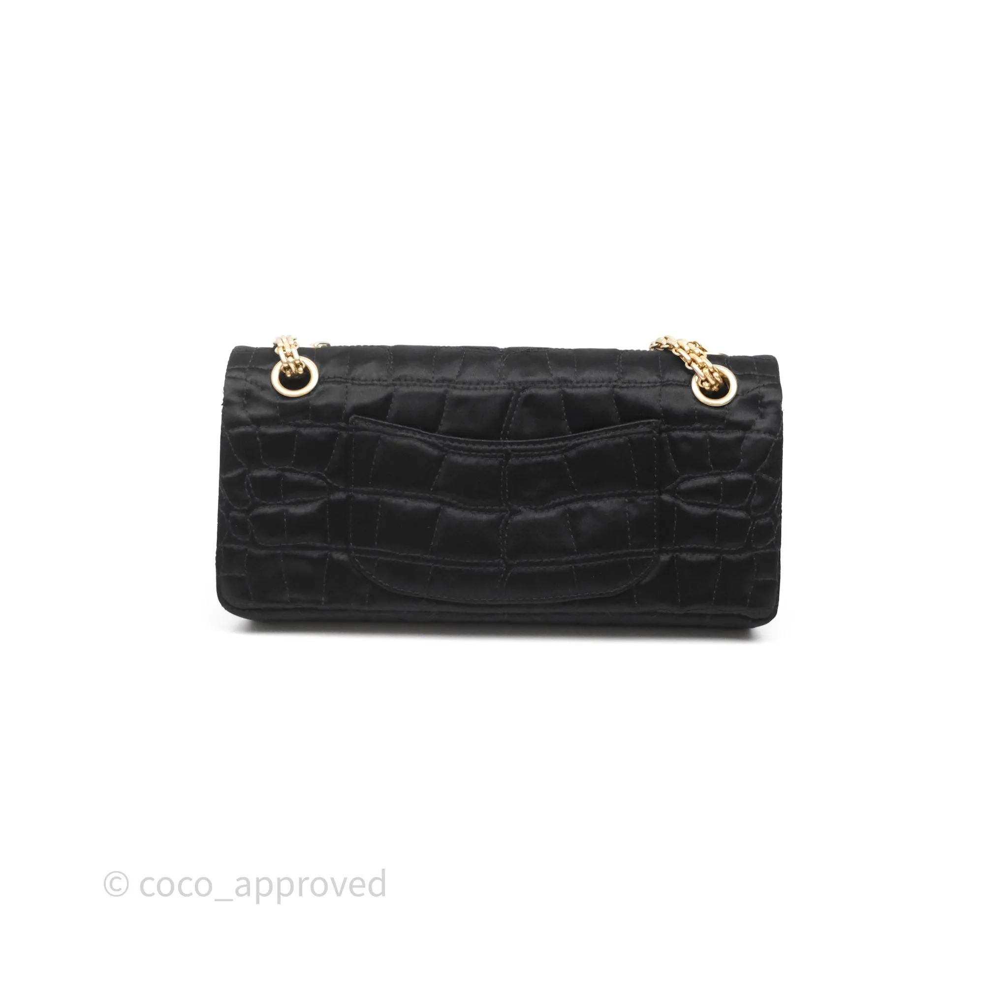 Chanel 2.55 Reissue East West Double Flap Black Satin Croc Aged Gold Hardware