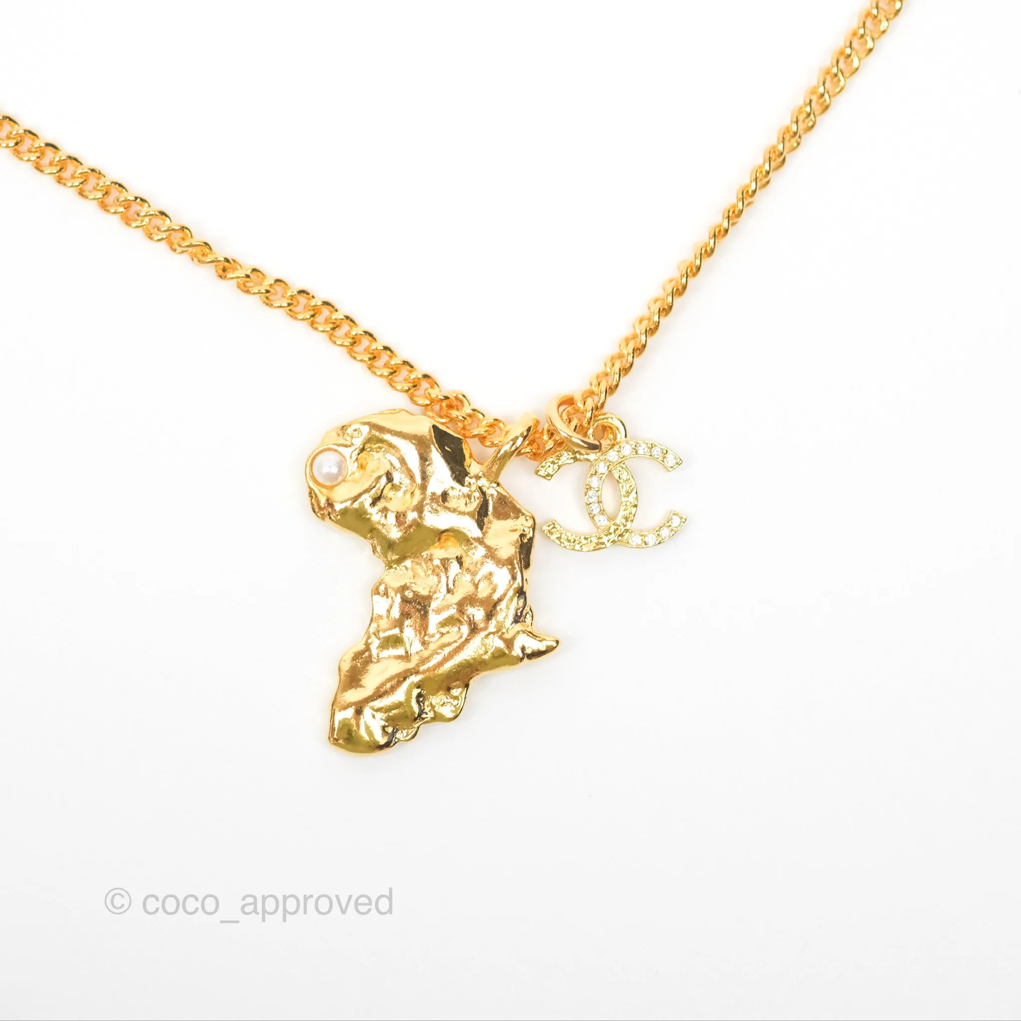 Chanel Africa Map Crystal CC Necklace Gold Tone 23A