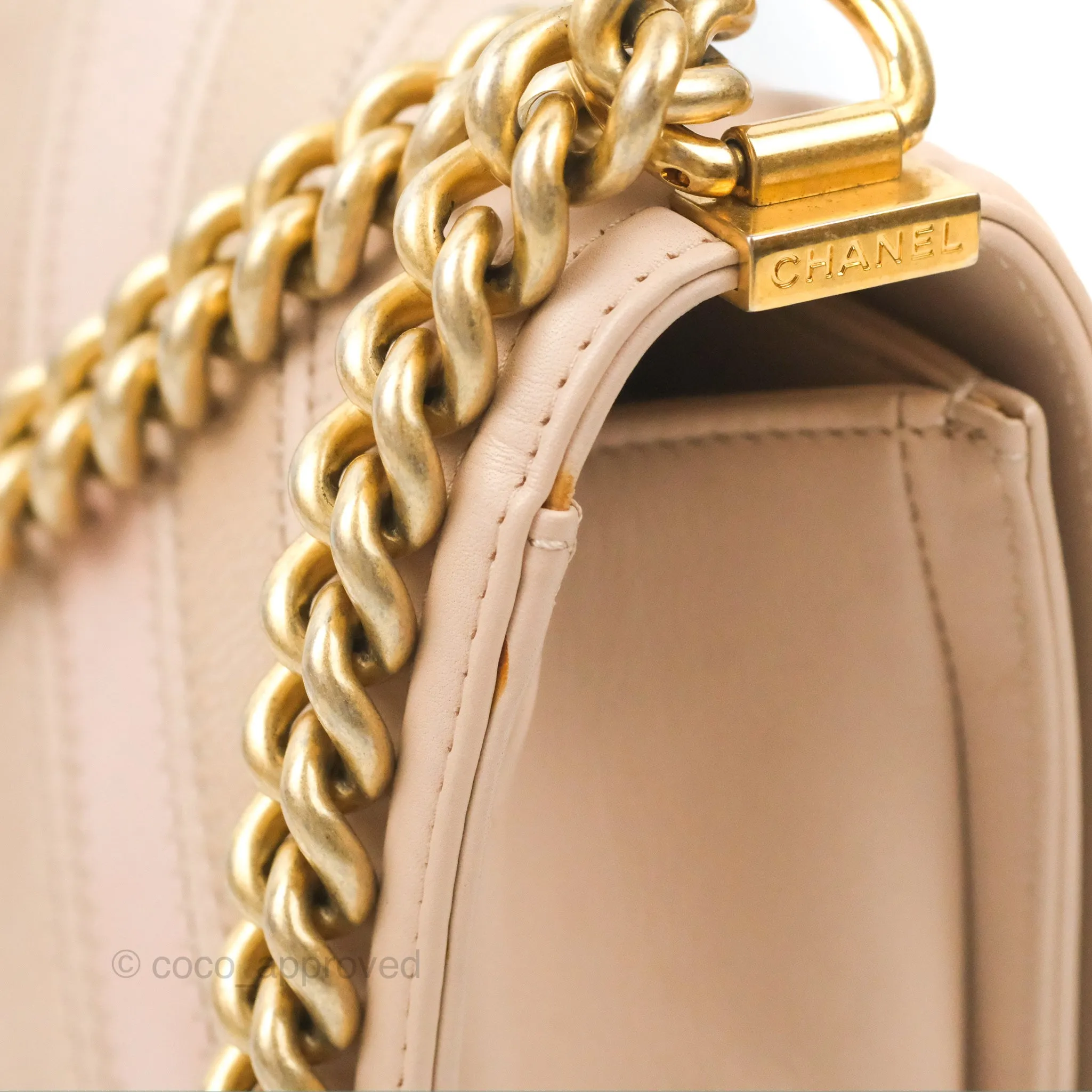 Chanel Chevron Medium Boy Beige Pink Suede Calfskin Aged Gold Hardware