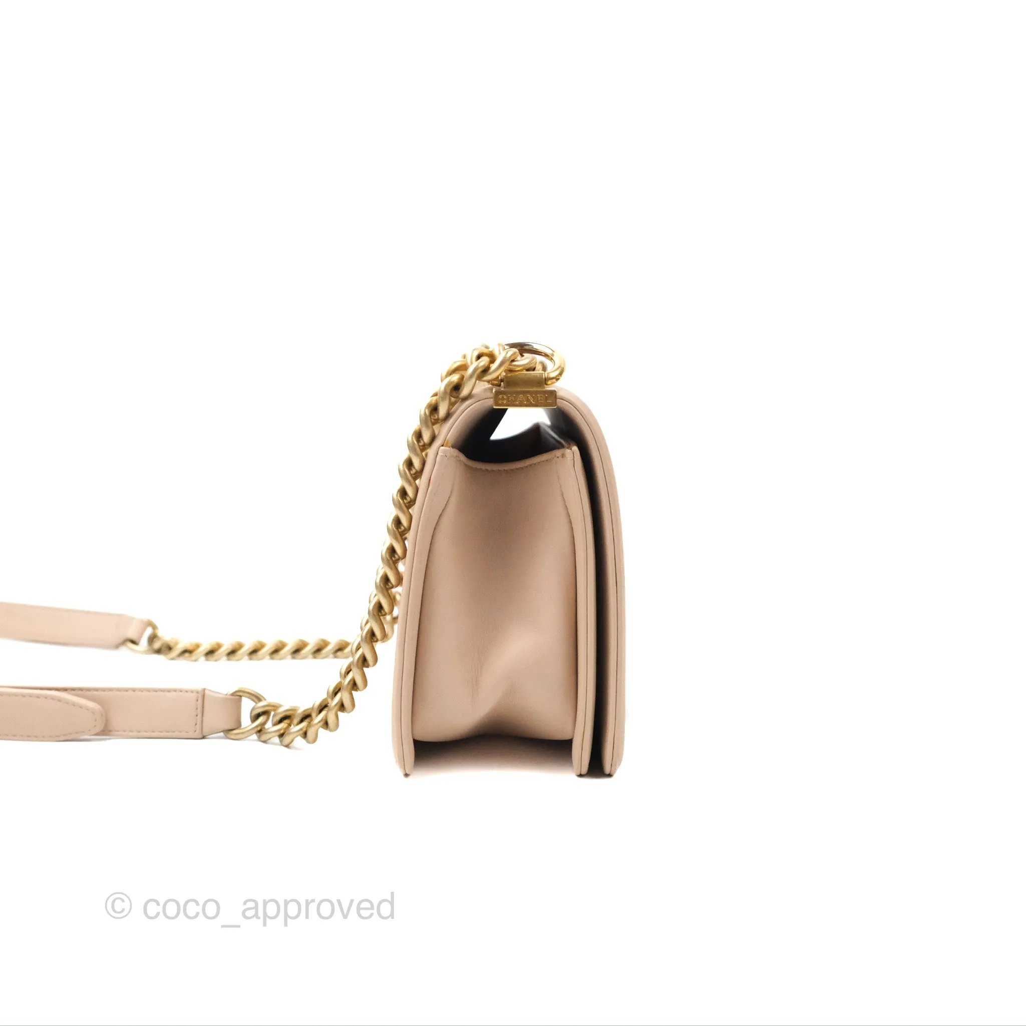 Chanel Chevron Medium Boy Beige Pink Suede Calfskin Aged Gold Hardware