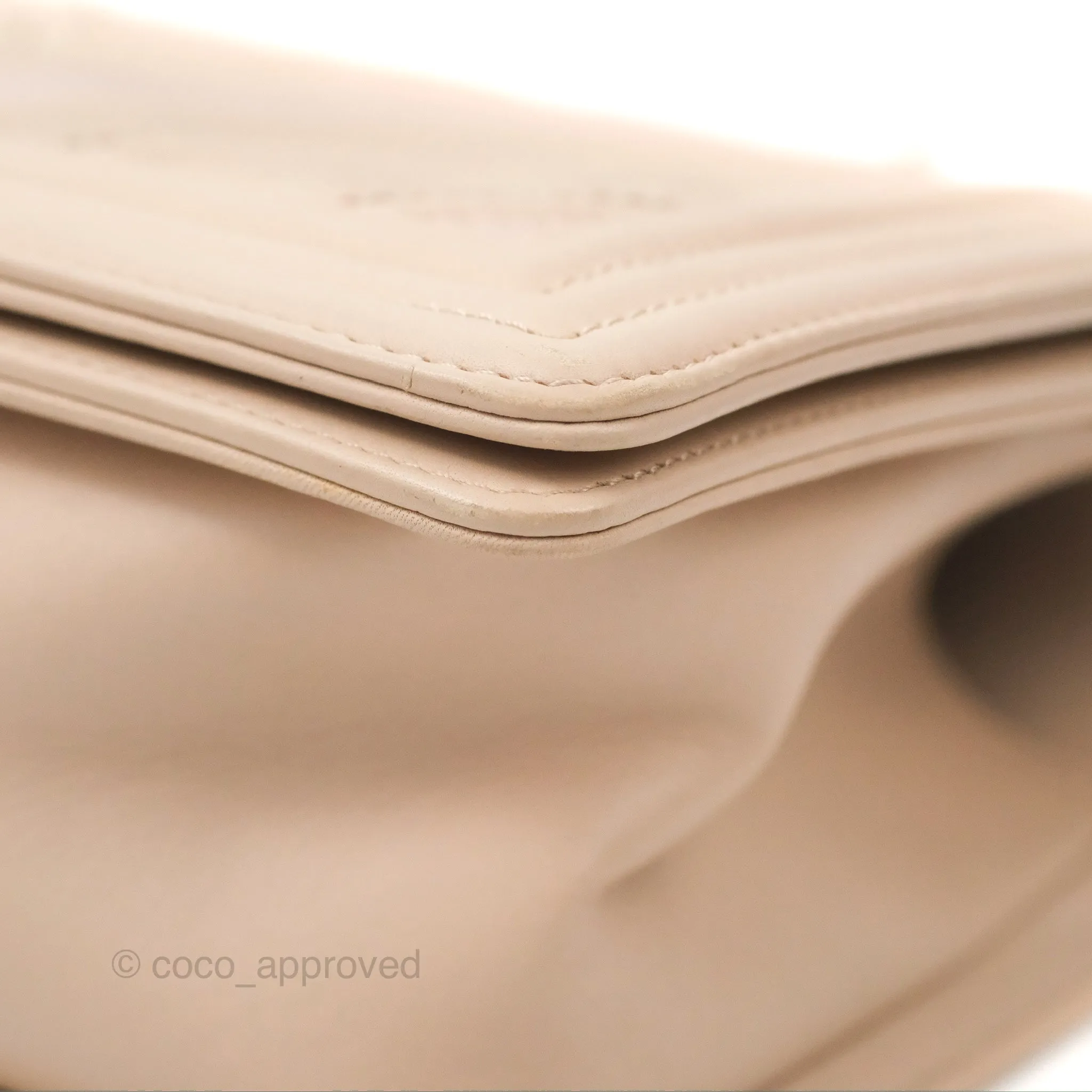 Chanel Chevron Medium Boy Beige Pink Suede Calfskin Aged Gold Hardware