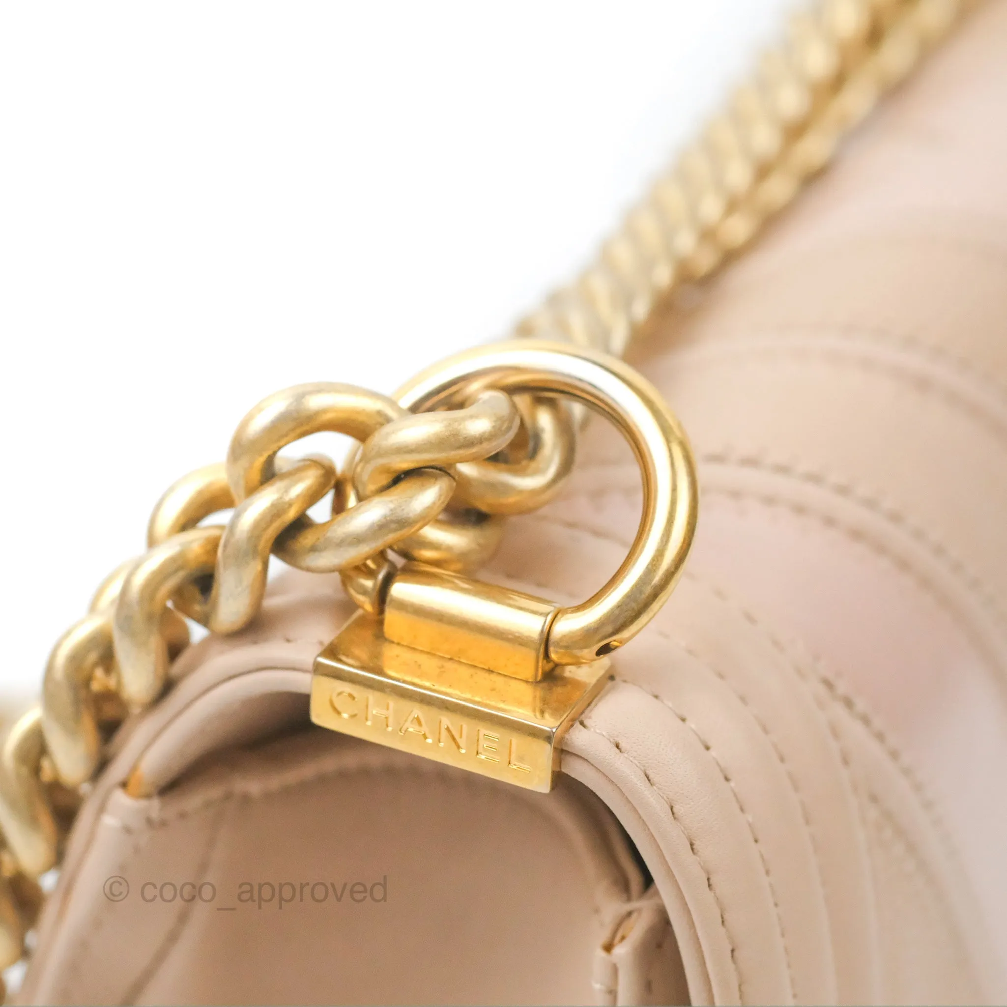 Chanel Chevron Medium Boy Beige Pink Suede Calfskin Aged Gold Hardware