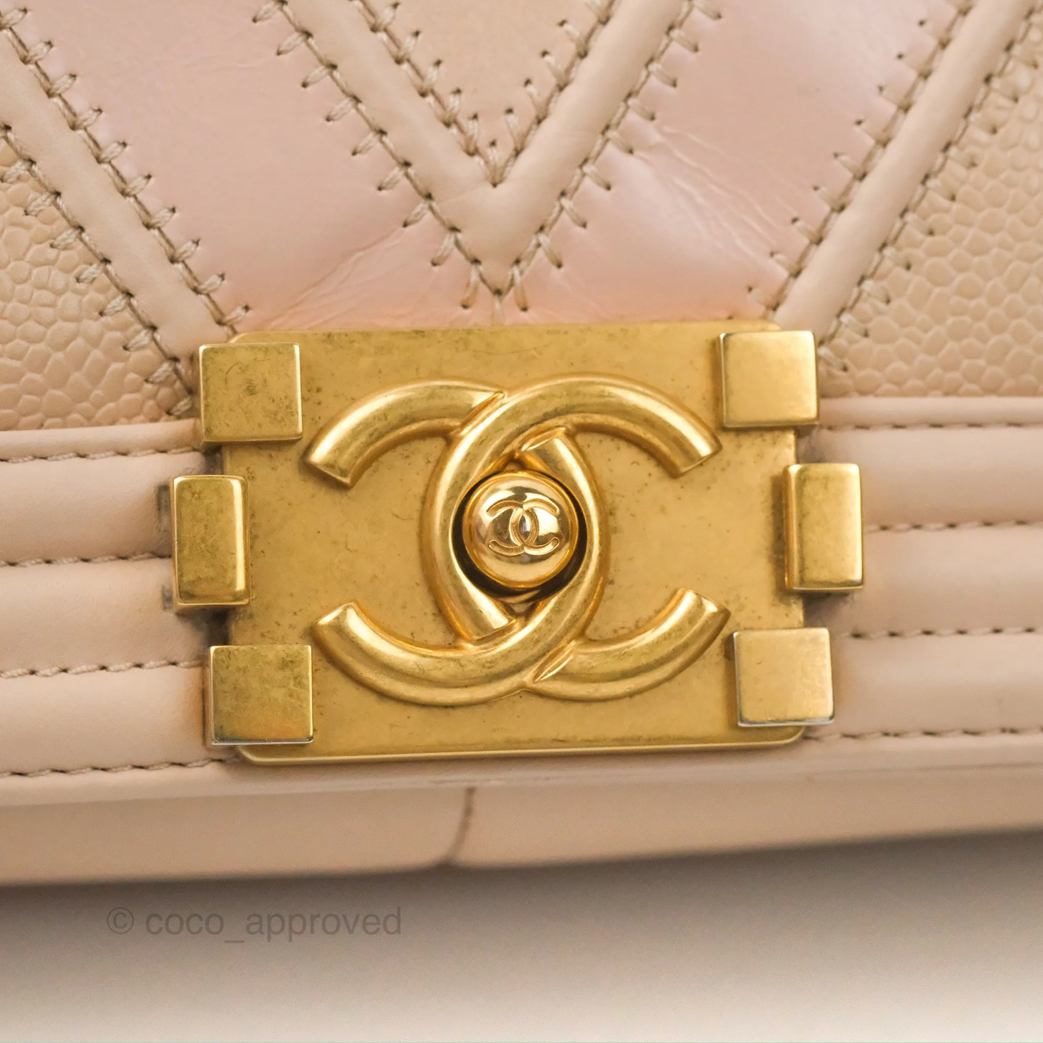 Chanel Chevron Medium Boy Beige Pink Suede Calfskin Aged Gold Hardware