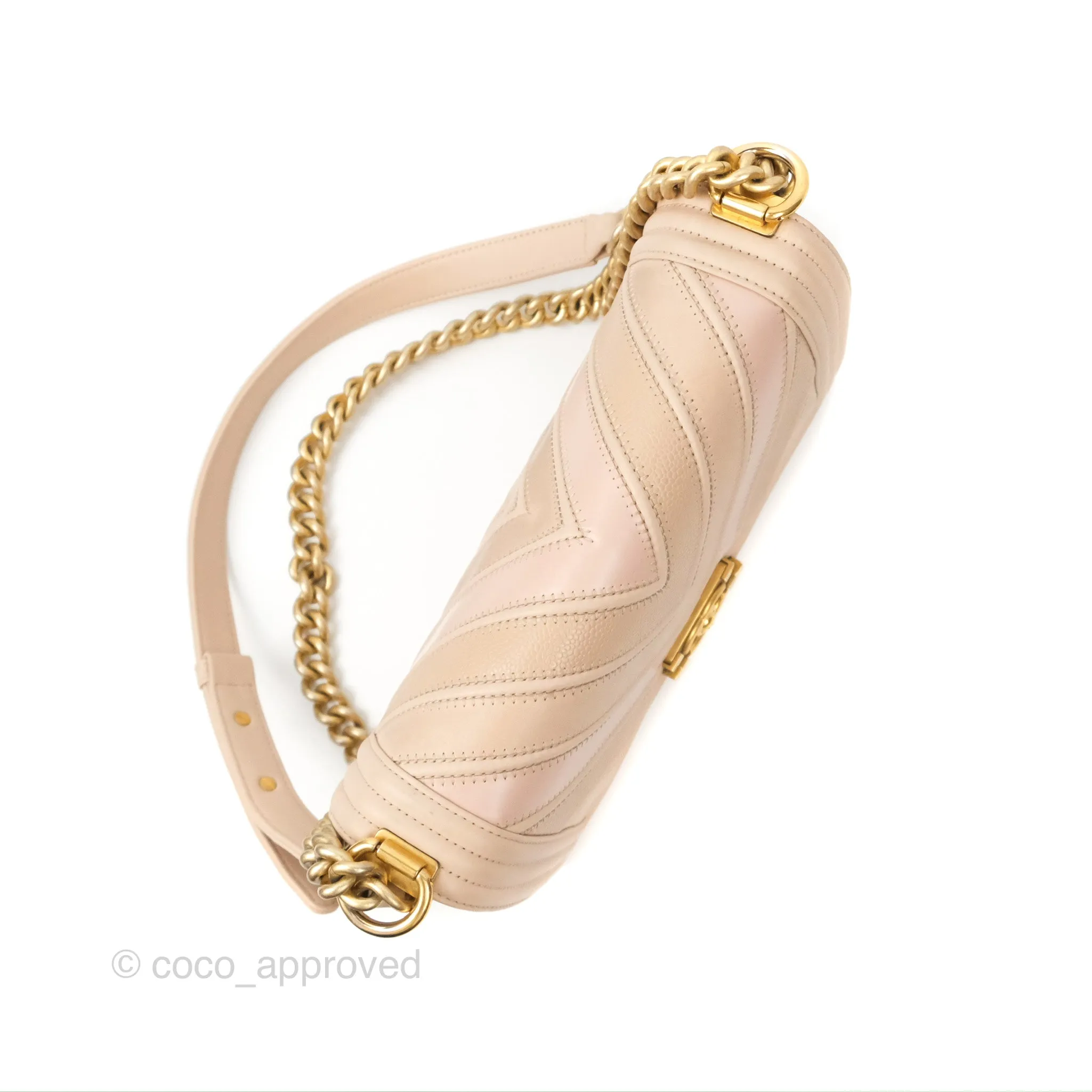 Chanel Chevron Medium Boy Beige Pink Suede Calfskin Aged Gold Hardware