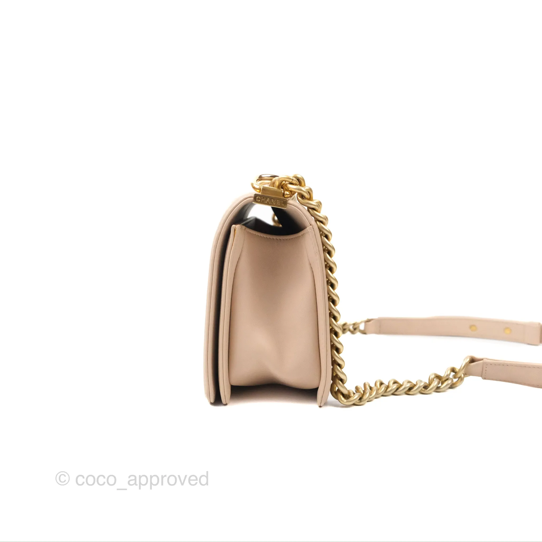 Chanel Chevron Medium Boy Beige Pink Suede Calfskin Aged Gold Hardware