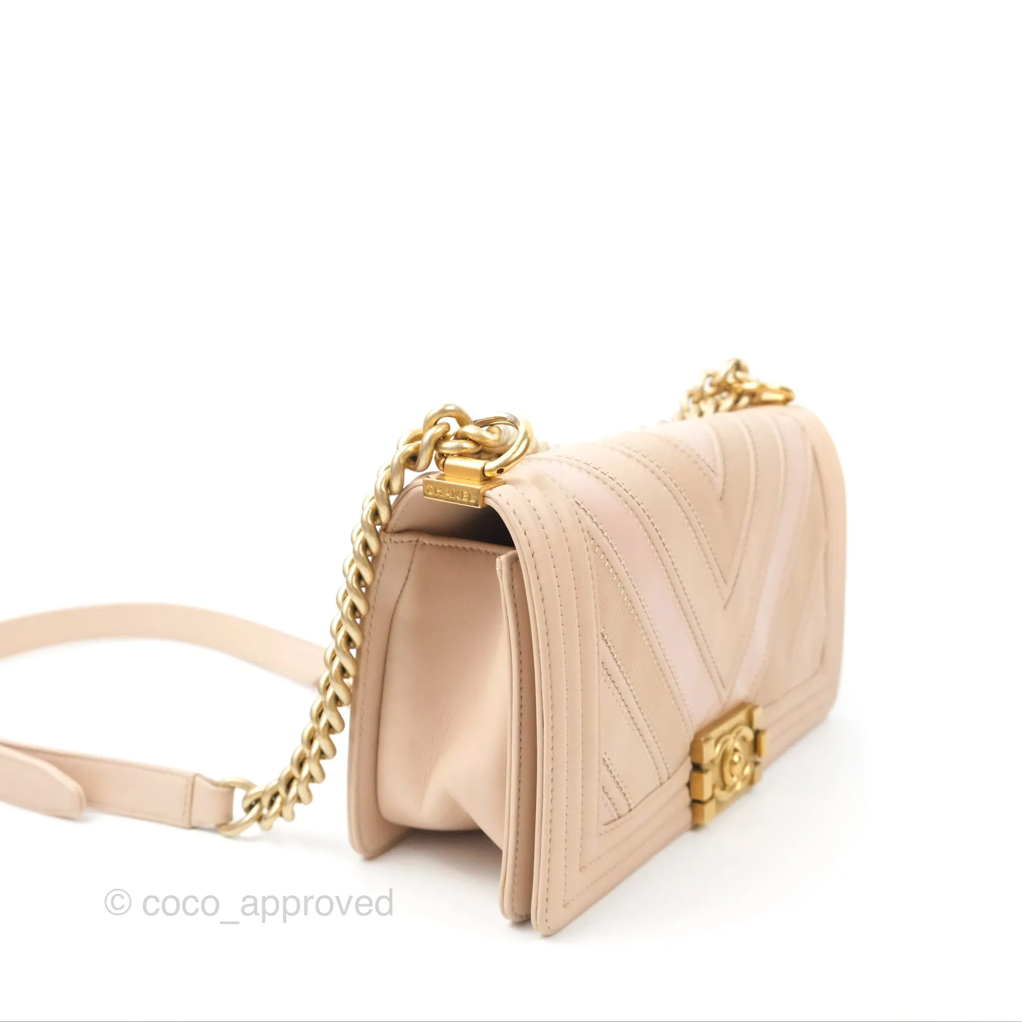 Chanel Chevron Medium Boy Beige Pink Suede Calfskin Aged Gold Hardware