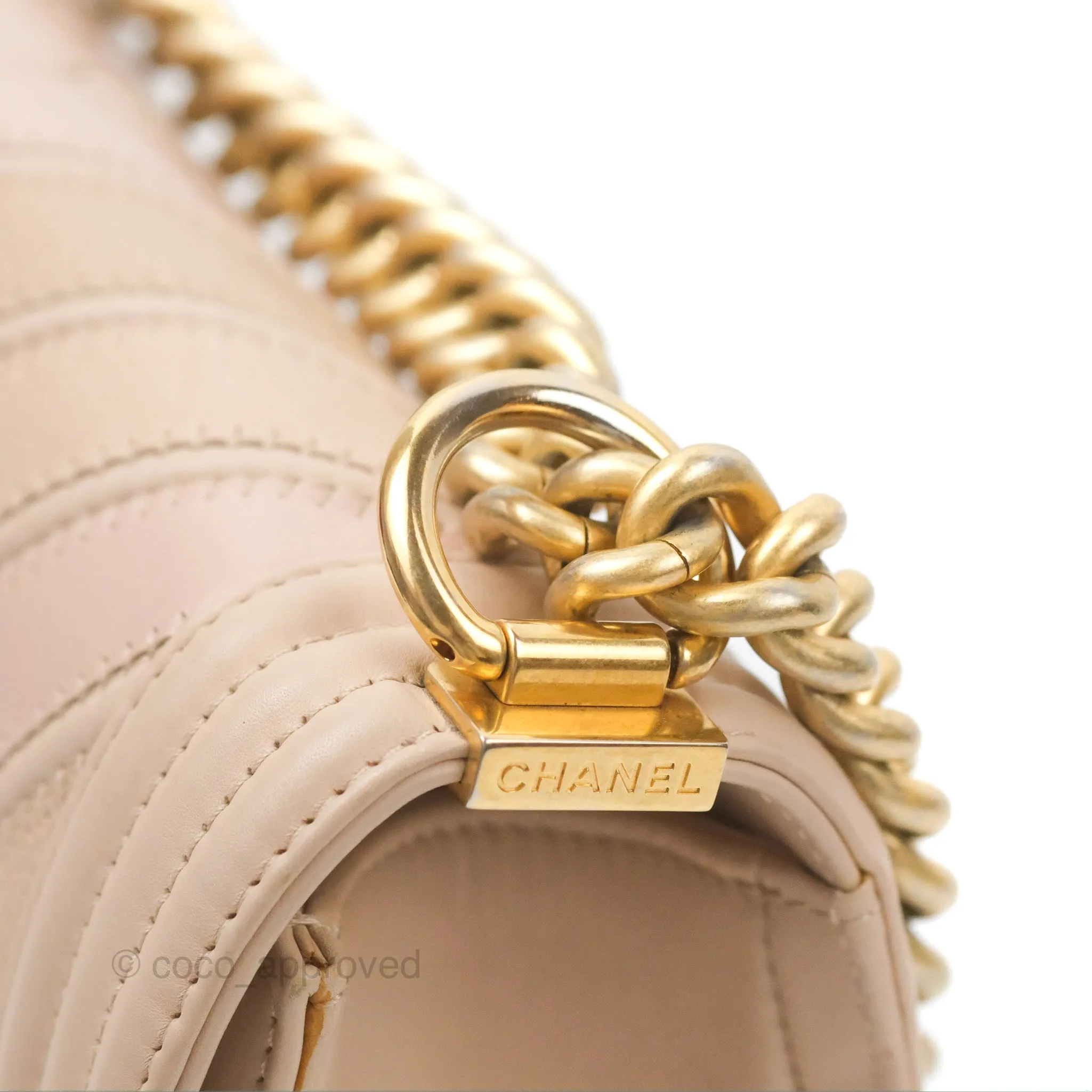 Chanel Chevron Medium Boy Beige Pink Suede Calfskin Aged Gold Hardware