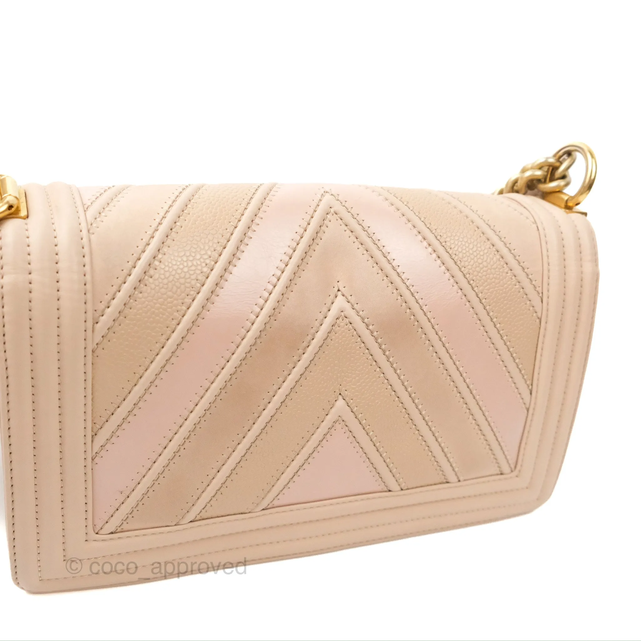 Chanel Chevron Medium Boy Beige Pink Suede Calfskin Aged Gold Hardware