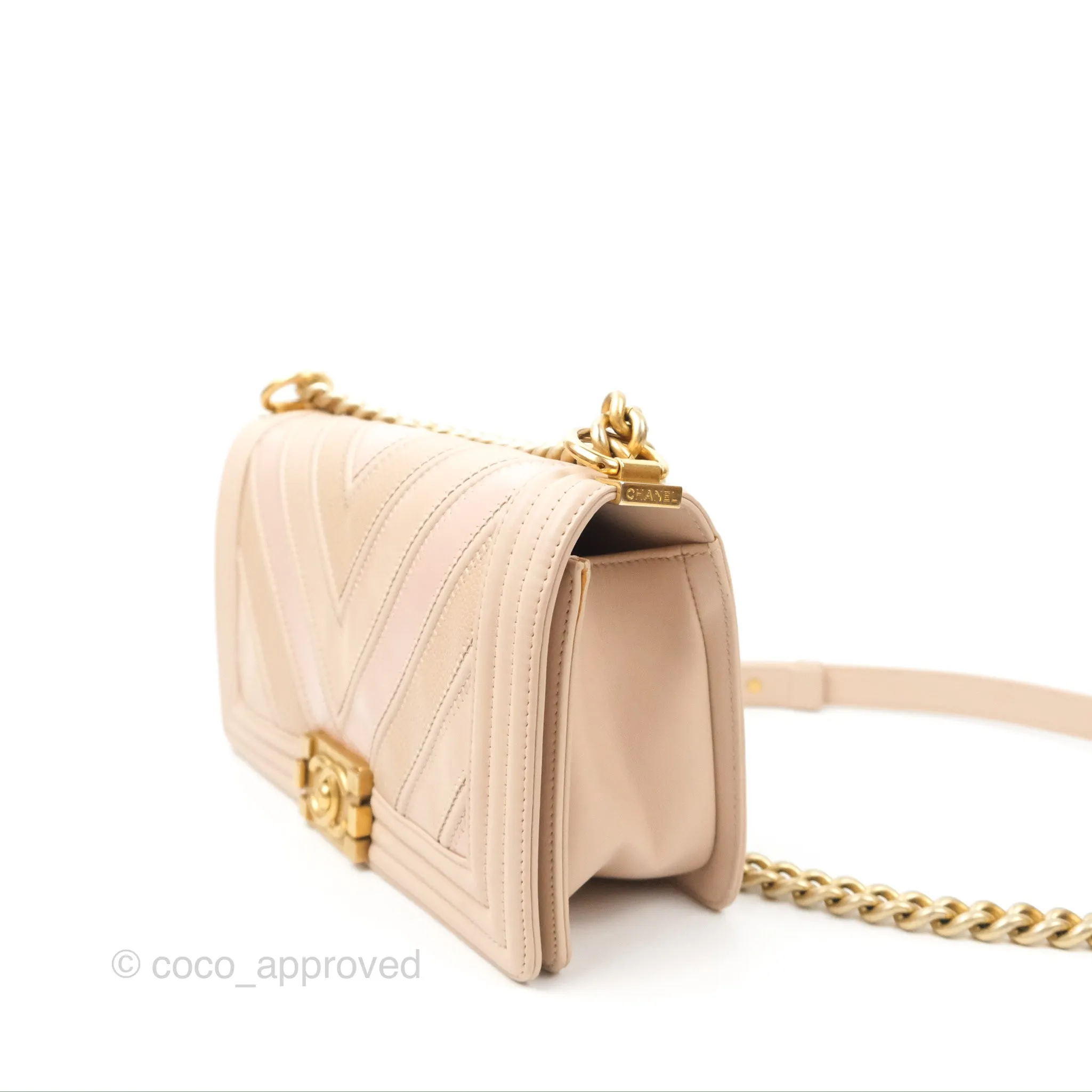 Chanel Chevron Medium Boy Beige Pink Suede Calfskin Aged Gold Hardware